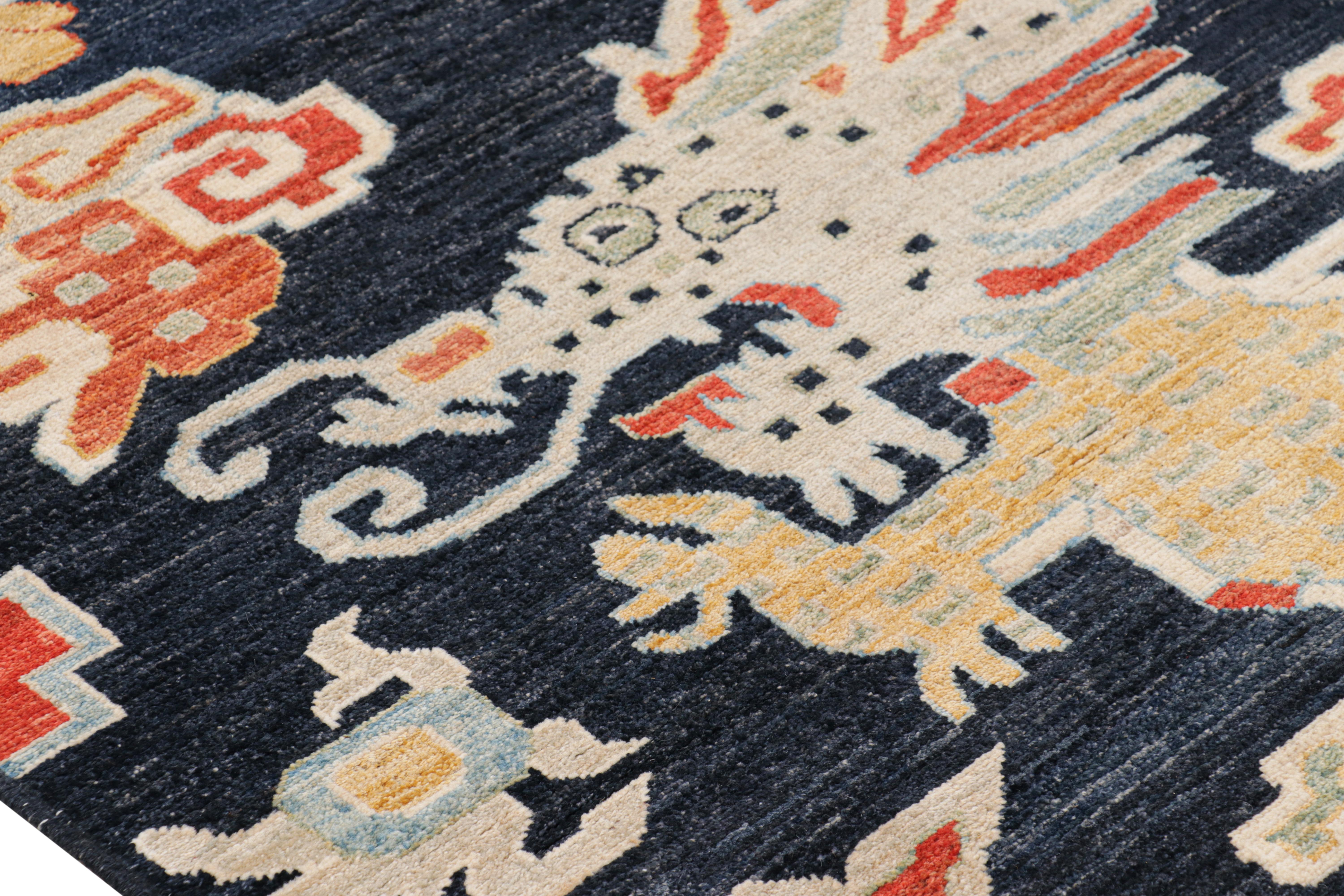Modern Rug & Kilim’s Contemporary Dragon Rug in Navy Blue with Gold Pictorial For Sale