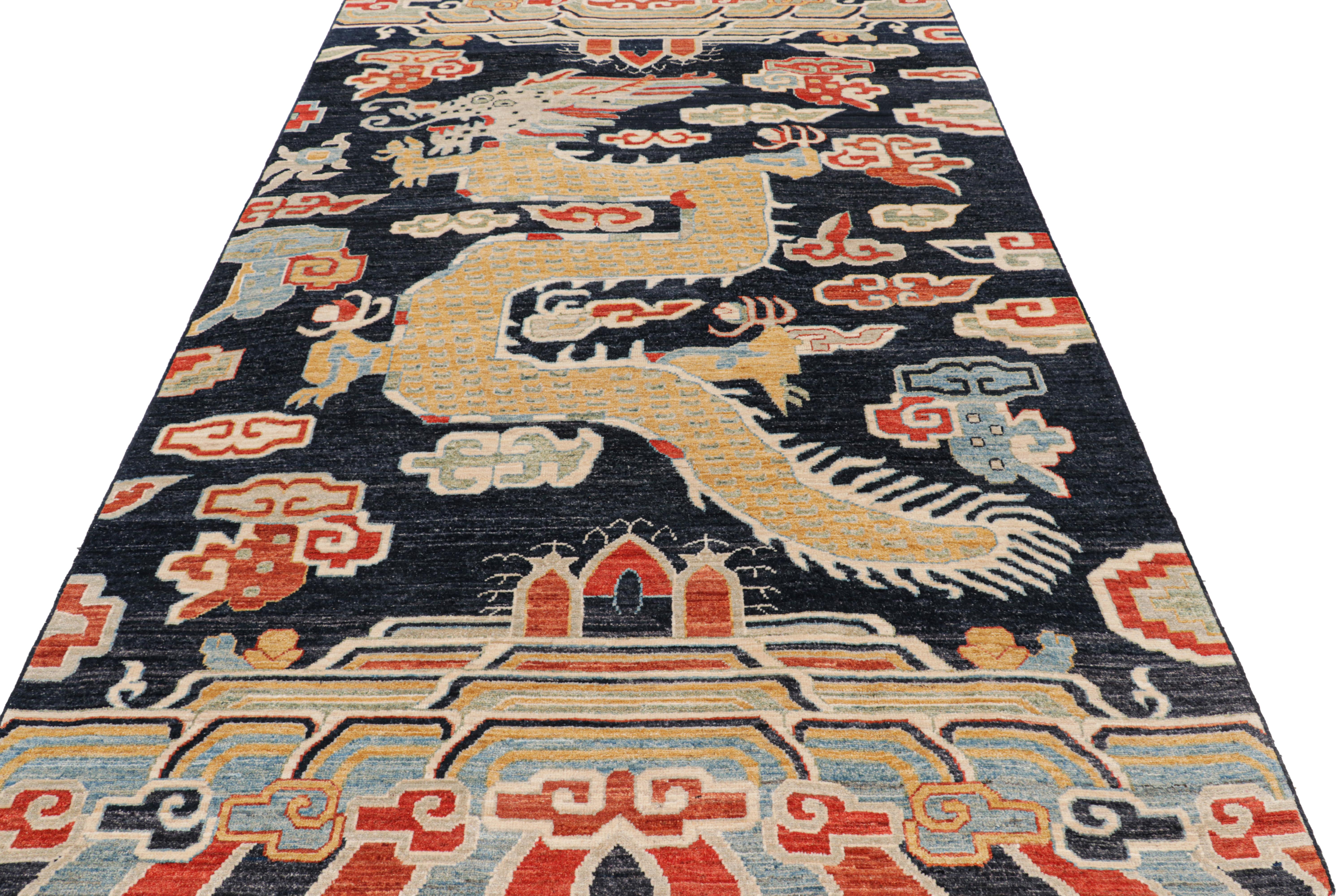 Afghan Rug & Kilim’s Contemporary Dragon Rug in Navy Blue with Gold Pictorial For Sale