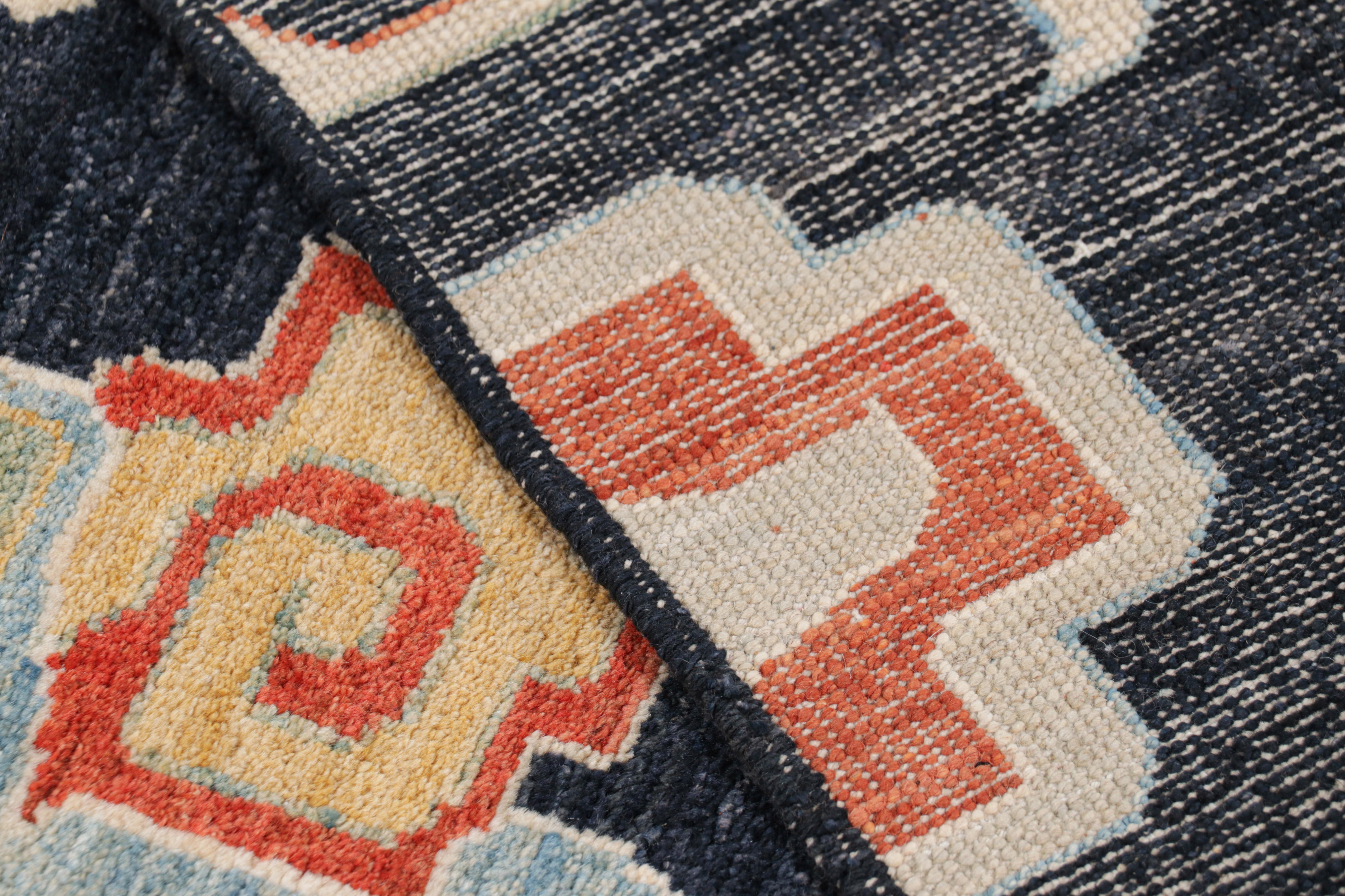 Wool Rug & Kilim’s Contemporary Dragon Rug in Navy Blue with Gold Pictorial For Sale