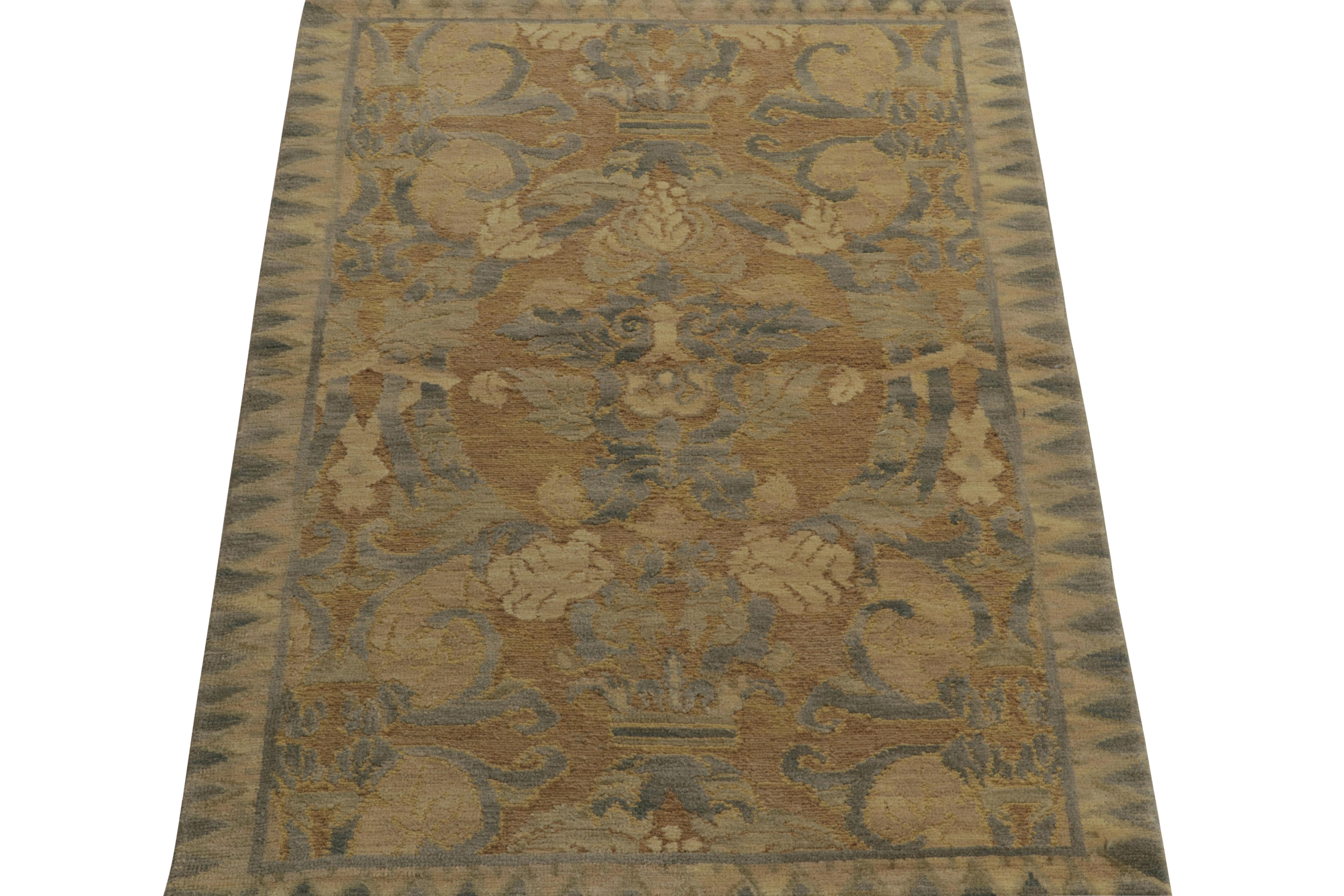 Arts and Crafts Rug & Kilim’s Arts & Crafts Style Rug in Beige-Brown and Blue Floral Patterns For Sale
