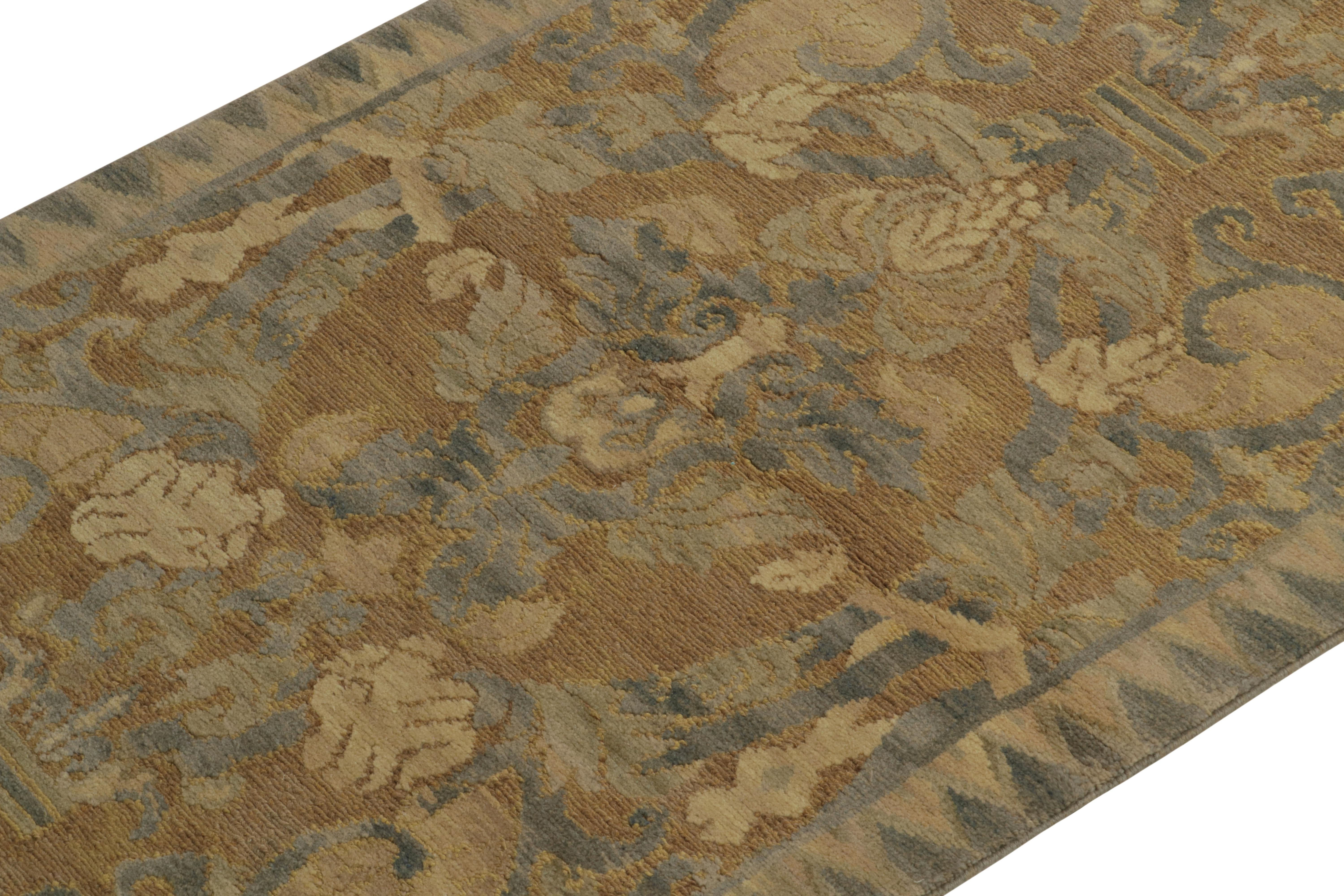 Chinese Rug & Kilim’s Arts & Crafts Style Rug in Beige-Brown and Blue Floral Patterns For Sale