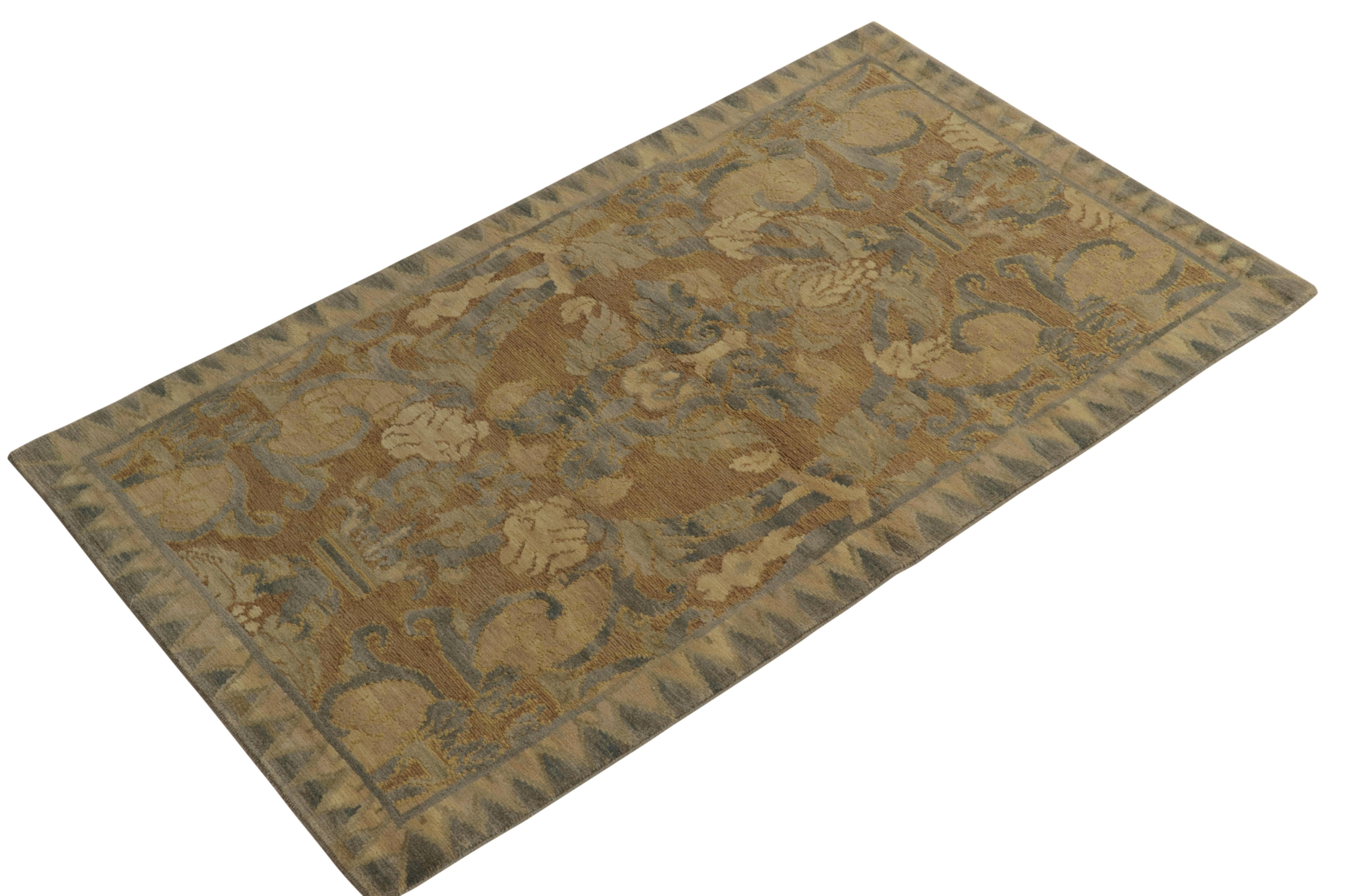 Newly added to Rug & Kilim’s European Collection, a 3x5 inspired by classic Arts & Crafts rugs of the early 20th century. The beige-brown colorway enjoys a fabulous play with the blue-gray floral patterns, depicting grand Voysey-esque allusions of