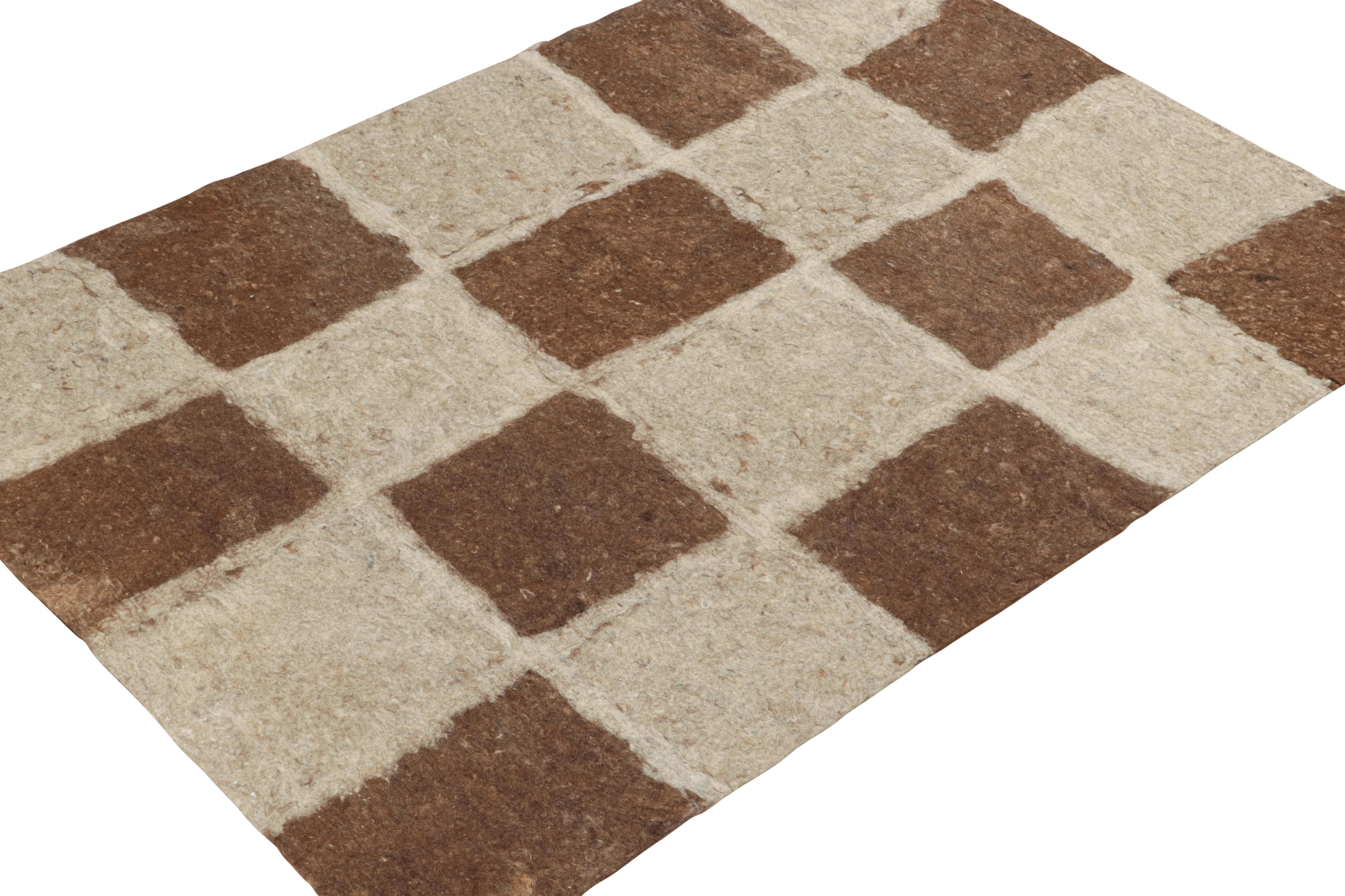 Modern Rug & Kilim’s Contemporary Felted Persian Rug in Beige-Brown Geometric Pattern For Sale