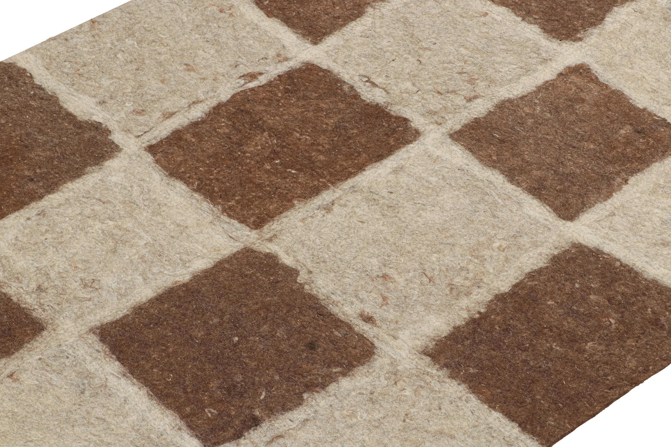 Hand-Knotted Rug & Kilim’s Contemporary Felted Persian Rug in Beige-Brown Geometric Pattern