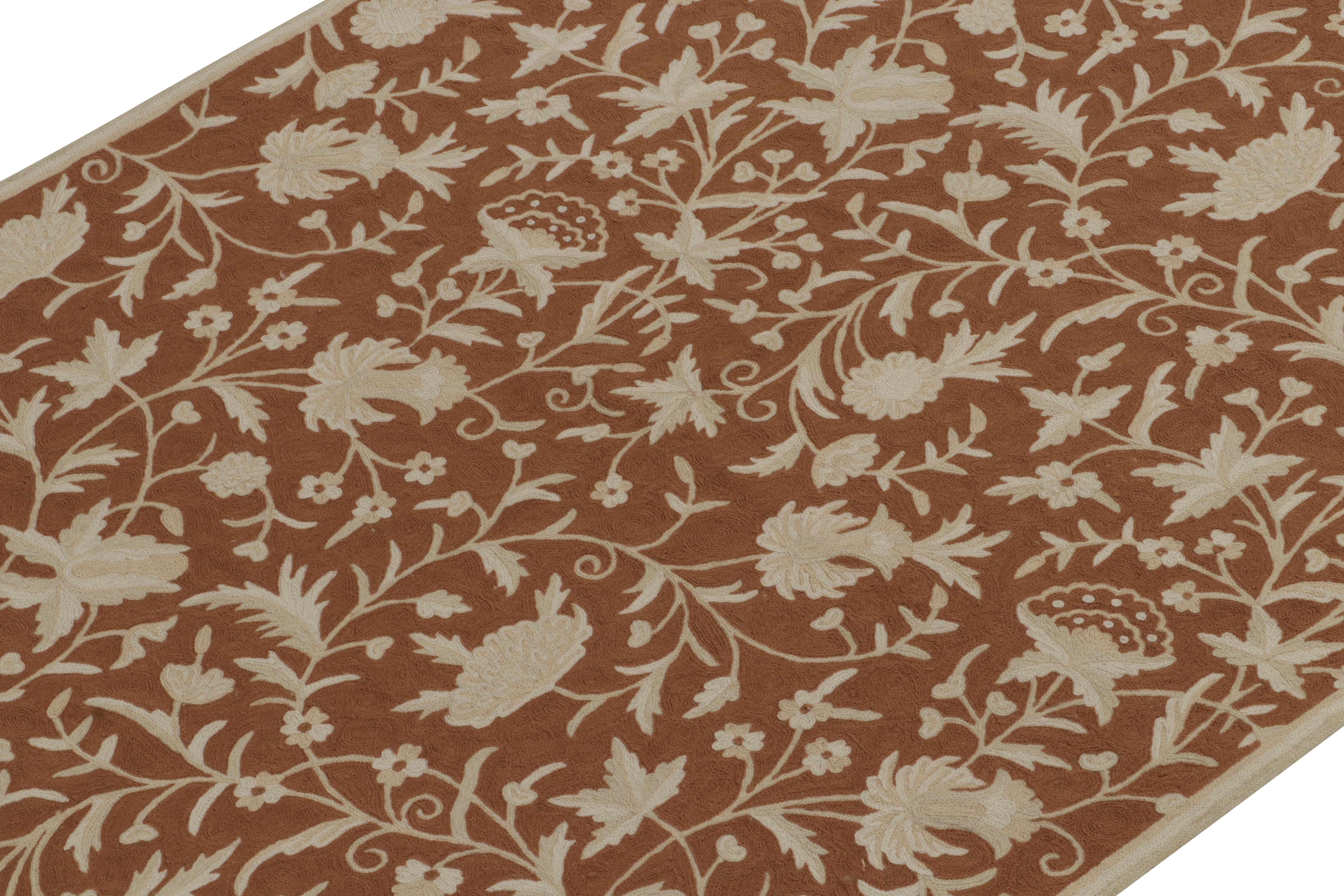 Indian Rug & Kilim’s Contemporary Flat Weave in Brown with Beige Floral Patterns For Sale