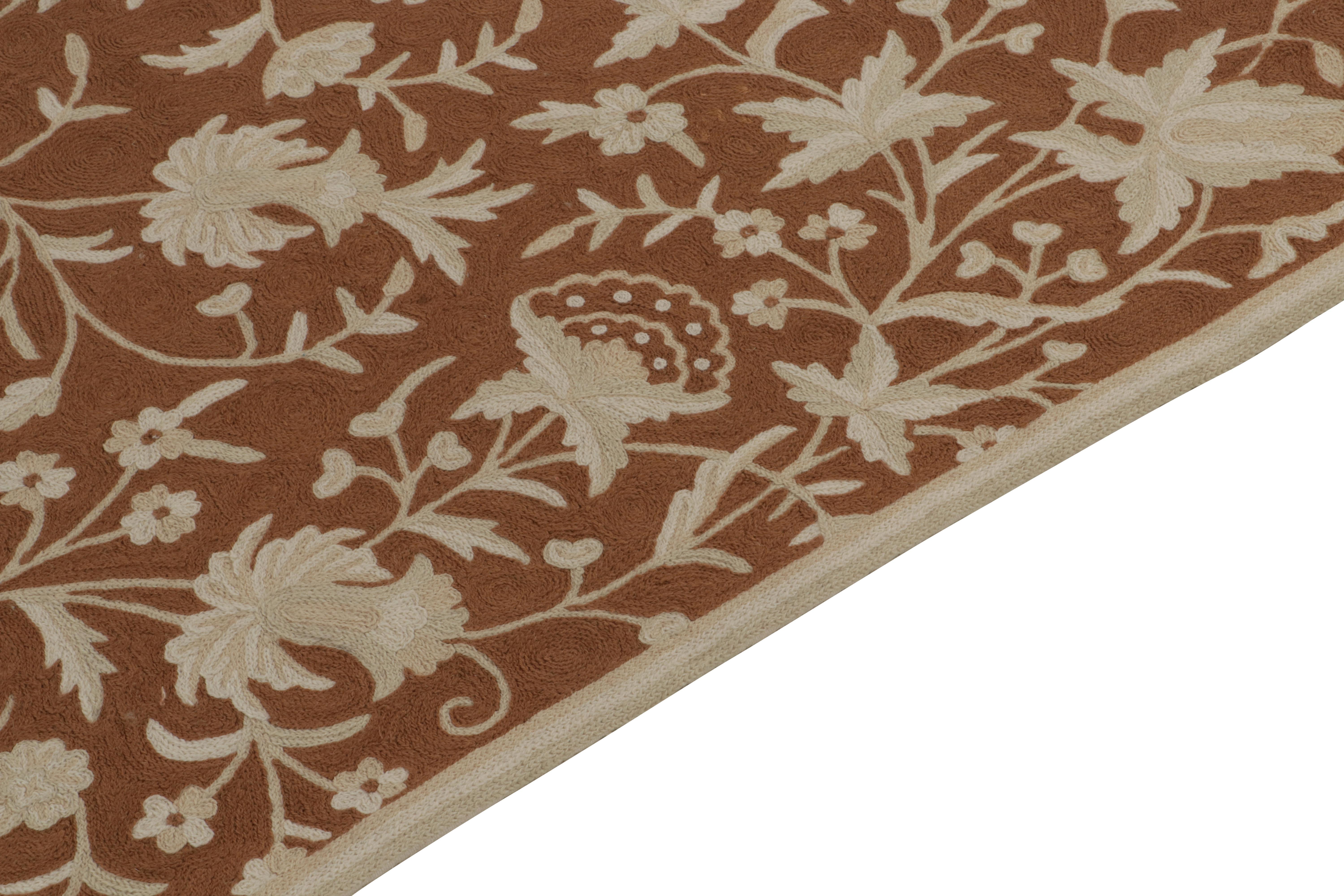 Hand-Knotted Rug & Kilim’s Contemporary Flat Weave in Brown with Beige Floral Patterns For Sale