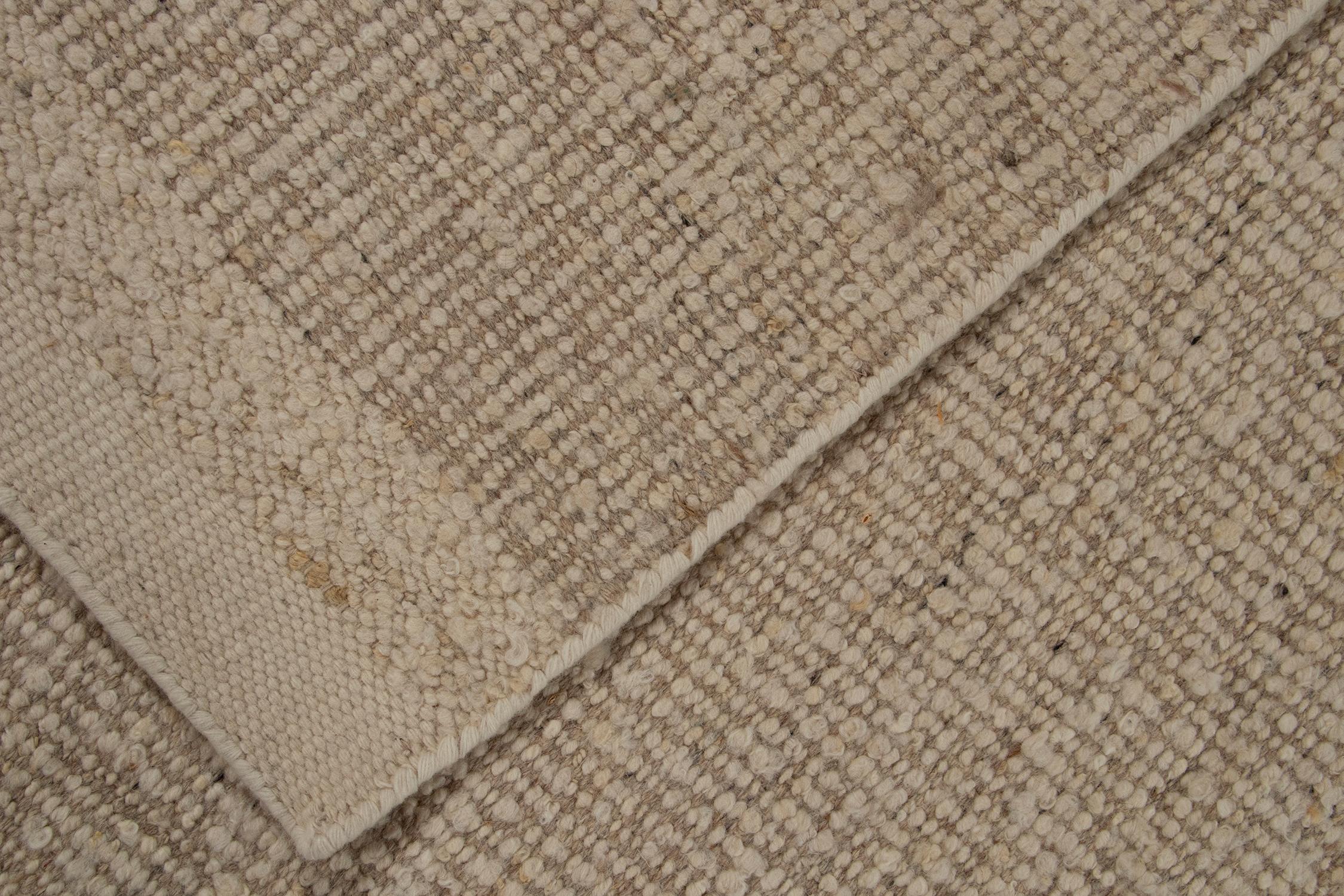 Wool Rug & Kilim’s Contemporary Flat Weave in Solid Beige and White Boucle For Sale