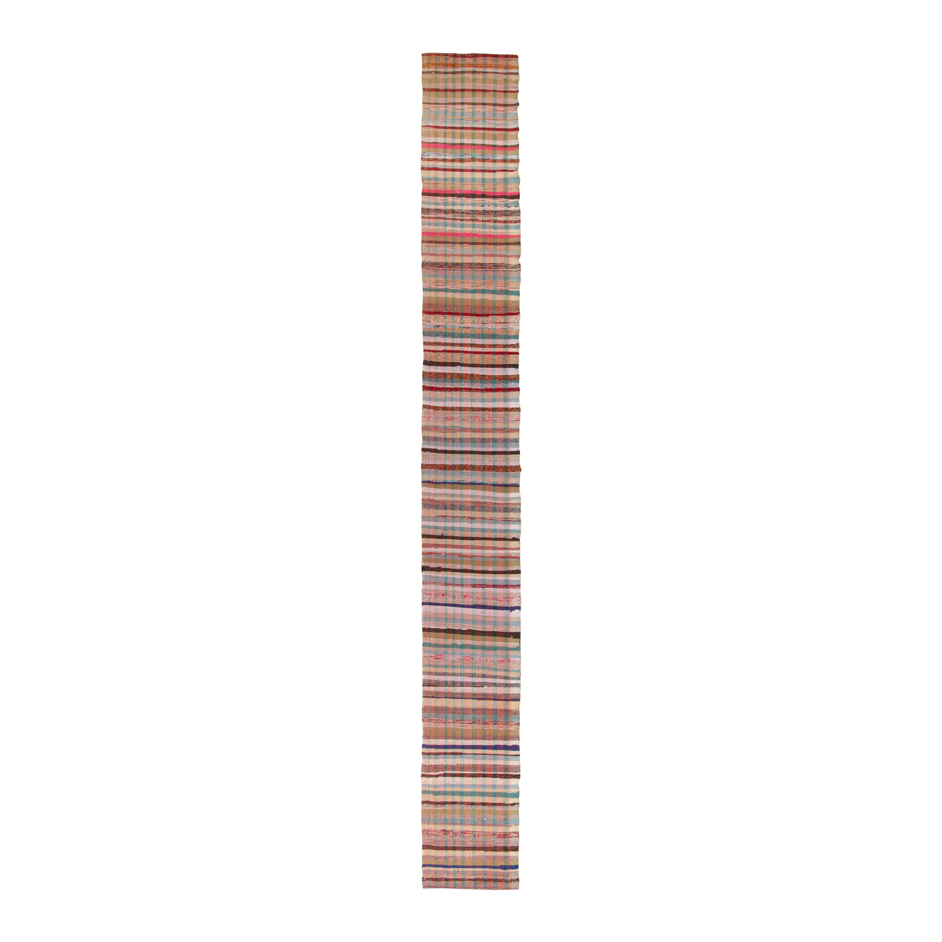 Handwoven in cotton, this 2x14 runner rug and flatweave is an exciting modern work by Rug & Kilim.

On the Design:

The textural weave plays overlapping stripes in a plaid pattern with a wide range of colors both rich and light. Warm pink, blue, and