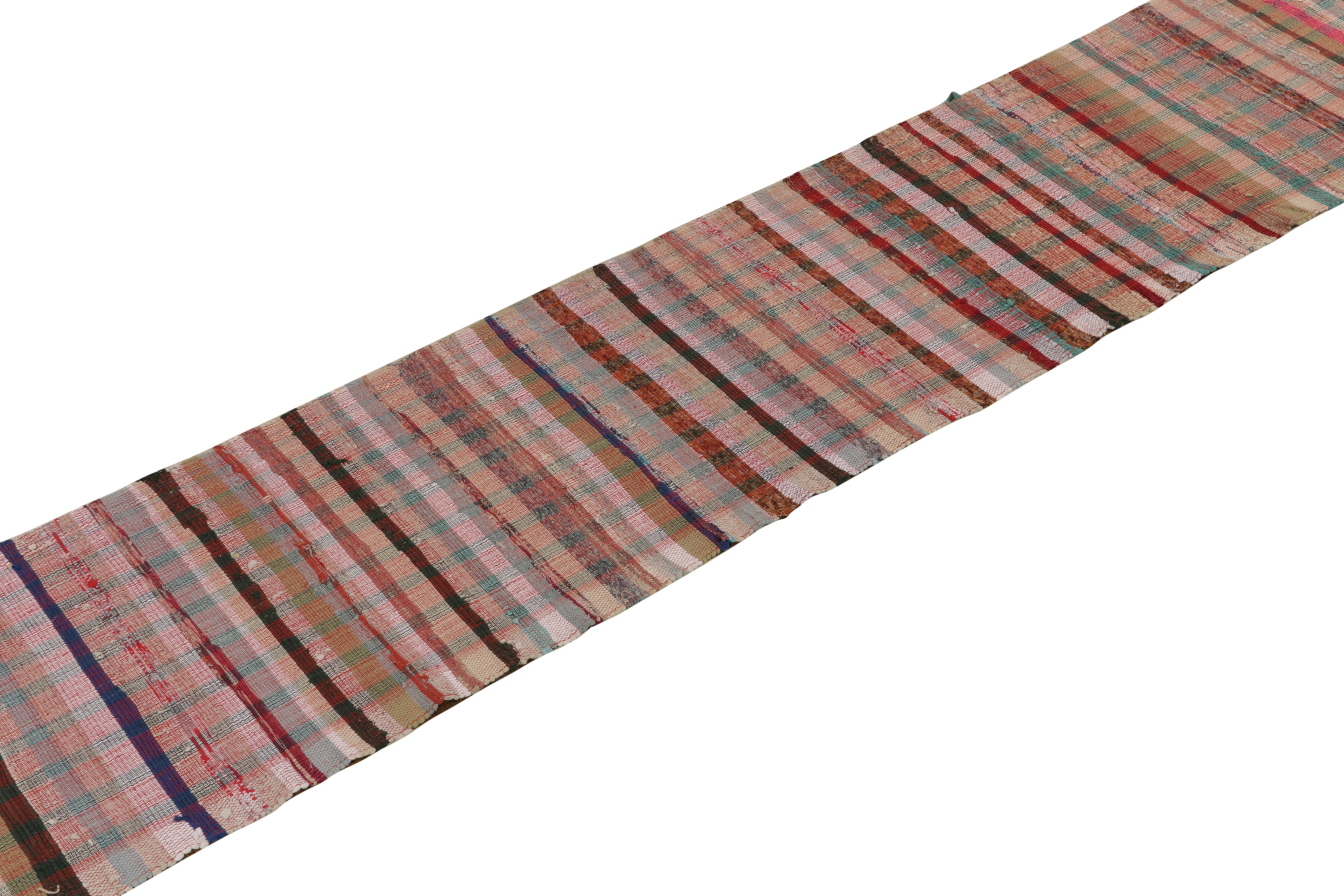 Hand-Knotted Rug & Kilim’s Contemporary Flat Weave Runner Rug in Polychrome Plaid Pattern For Sale