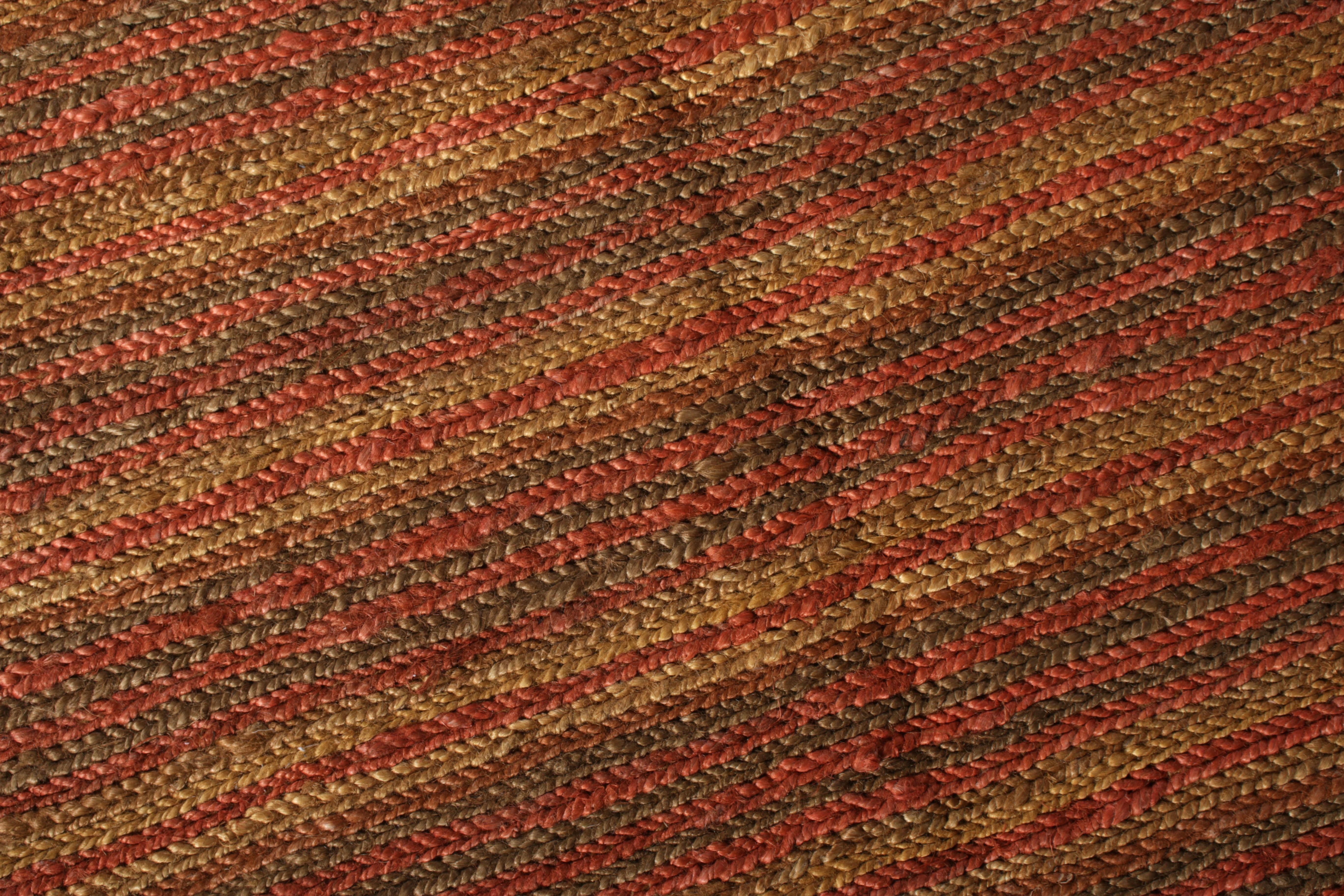 Hand-Woven Rug & Kilim's Contemporary Flat-Weave Striped Orange Brown Square For Sale