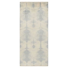 Rug & Kilim's Contemporary Geometric Ivory Blue Wool and Silk Runner