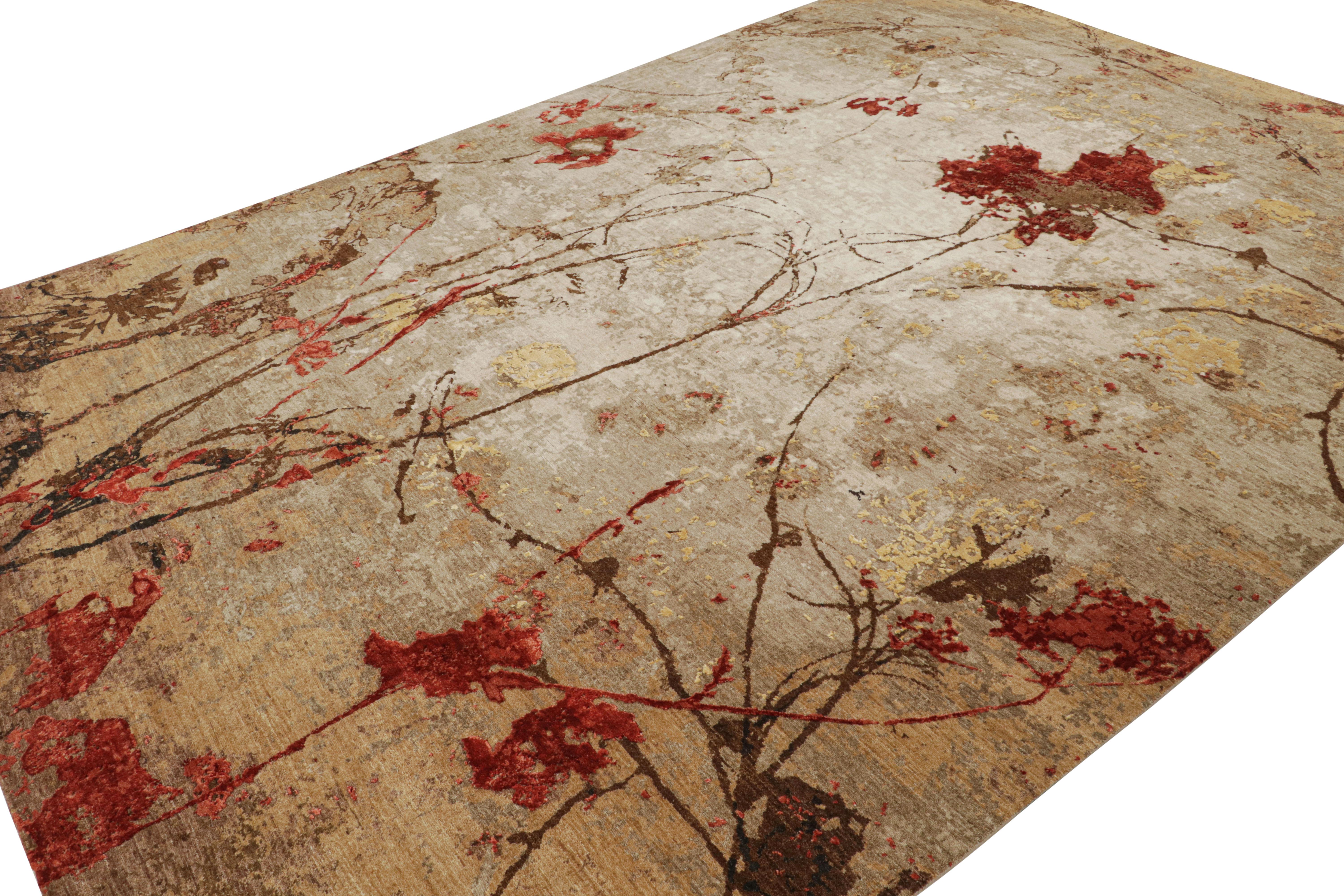 Representing one of our finest new qualities of art and durability alike, this 9x12 piece is a contemporary impressionist rug from Rug & Kilim - all hand-knotted in wool and silk.

On the Design:

In this rug, rich brown and red underscore an