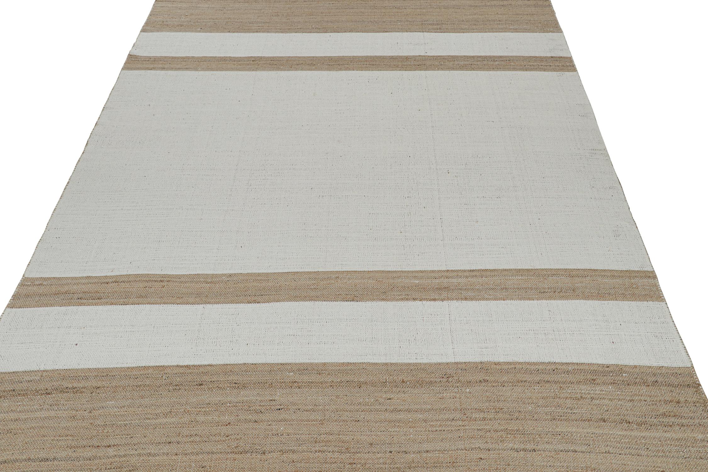 Modern Rug & Kilim’s Contemporary Jute Flat Weave in White and Beige-Brown Stripes For Sale