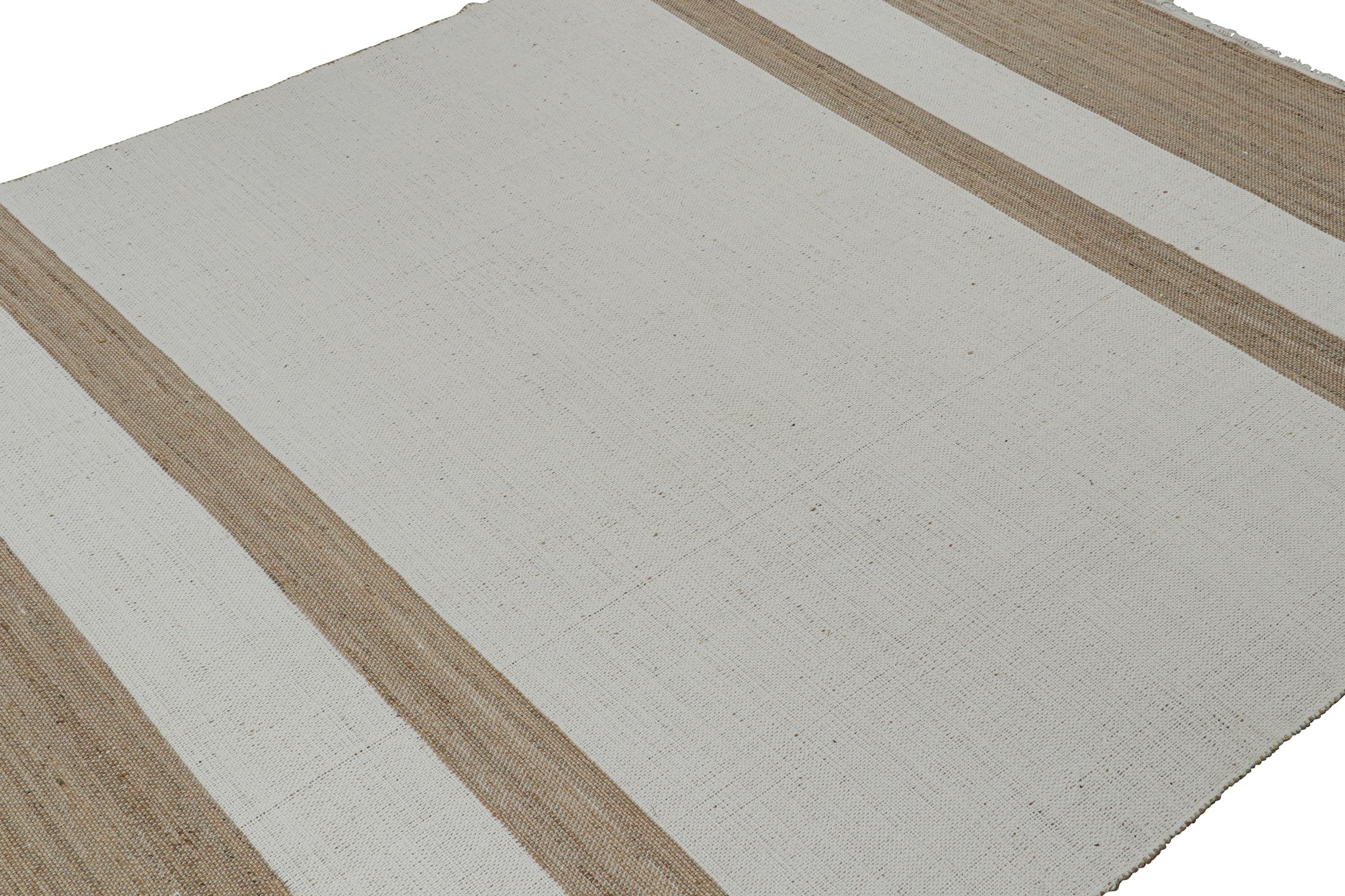Indian Rug & Kilim’s Contemporary Jute Flat Weave in White and Beige-Brown Stripes For Sale