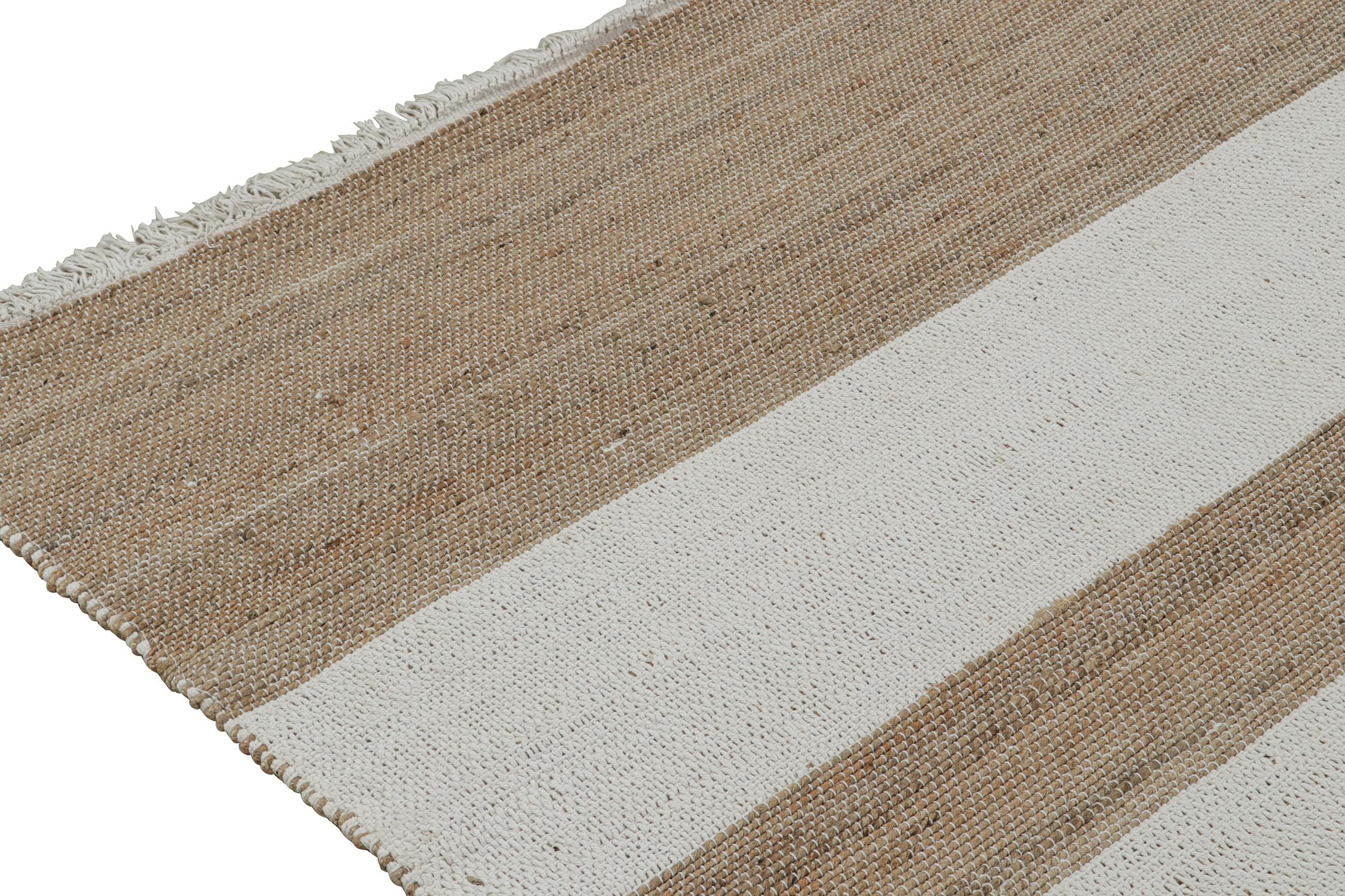 Hand-Knotted Rug & Kilim’s Contemporary Jute Flat Weave in White and Beige-Brown Stripes For Sale