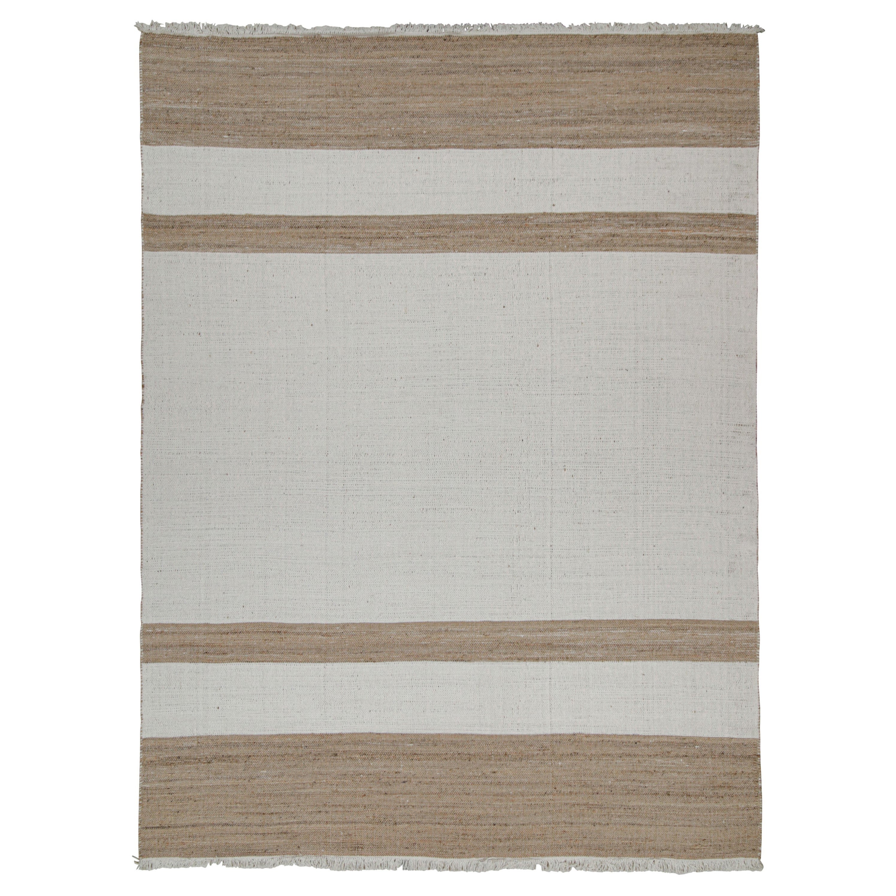 Tapis & Kilim's Contemporary Jute Flat Weave in White and Beige-Brown Stripes (Tissu plat contemporain en jute à rayures blanches et beige-brun) en vente