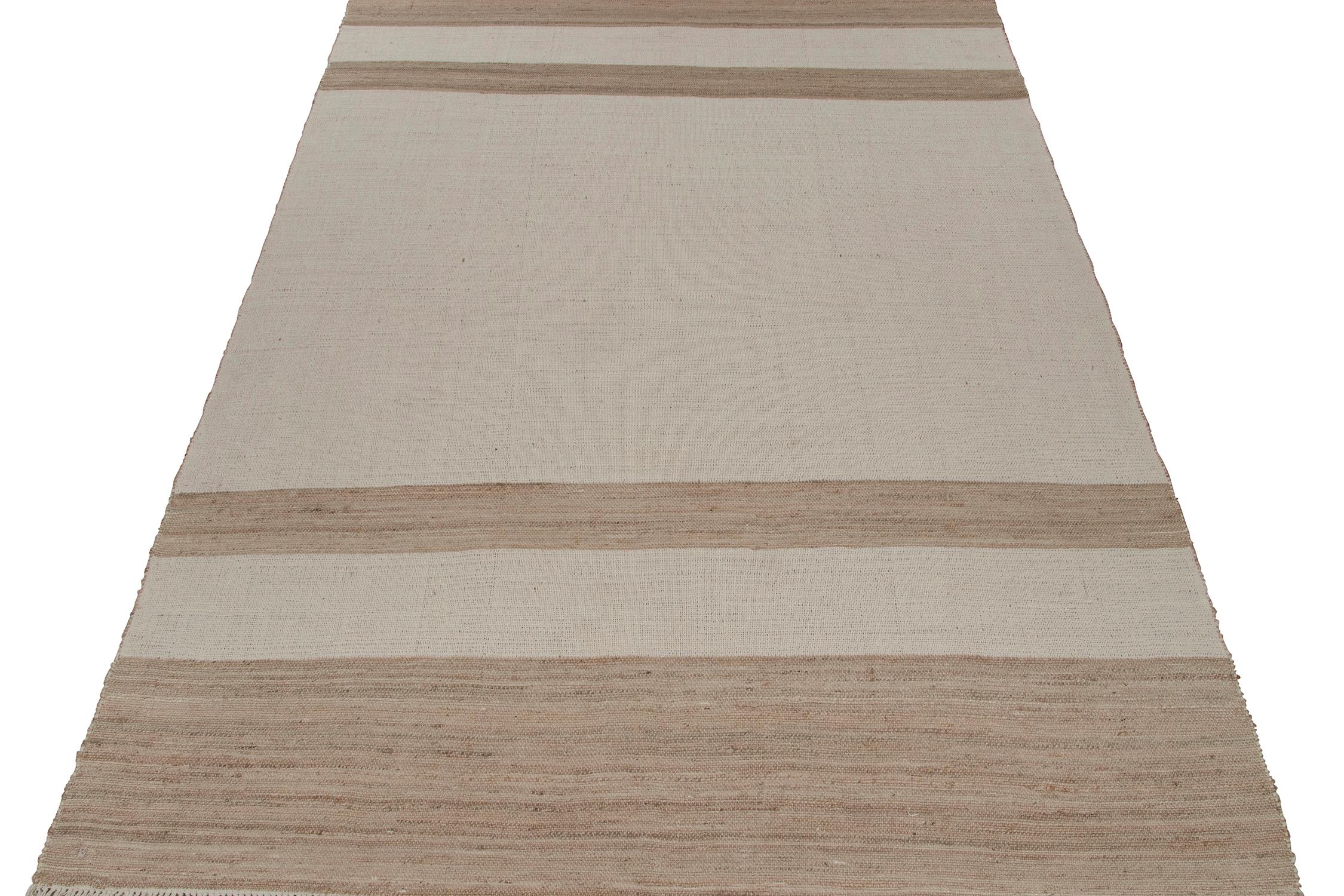 Indian Rug & Kilim’s Contemporary Jute Kilim in White and Beige-Brown Stripes For Sale