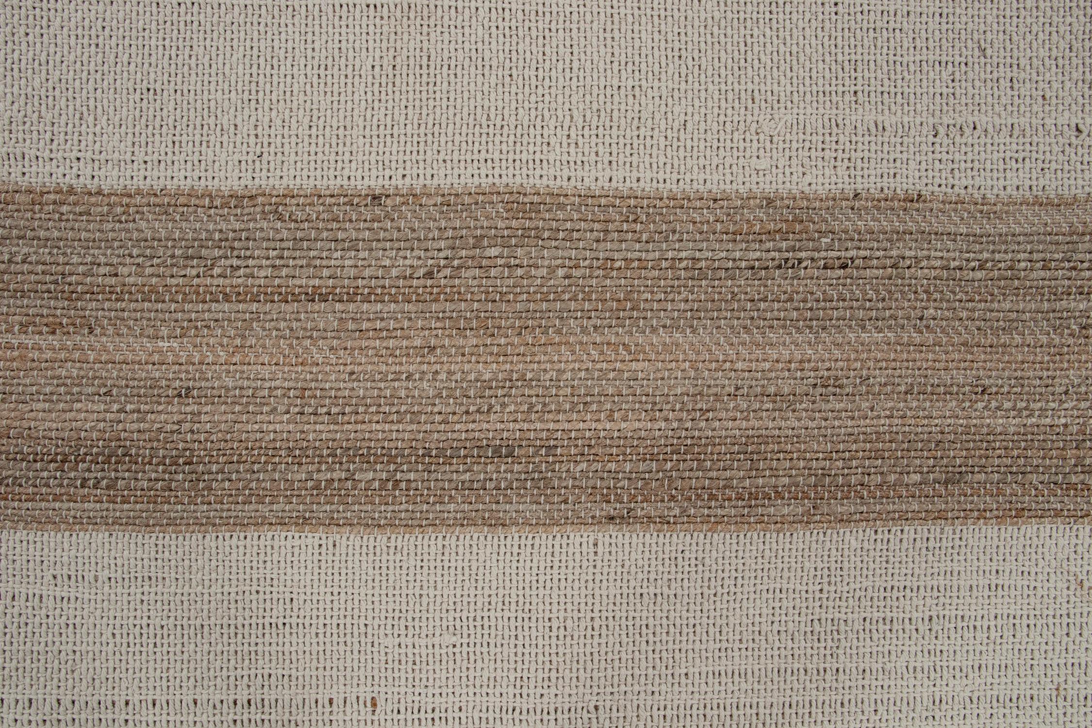Wool Rug & Kilim’s Contemporary Jute Kilim in White and Beige-Brown Stripes For Sale