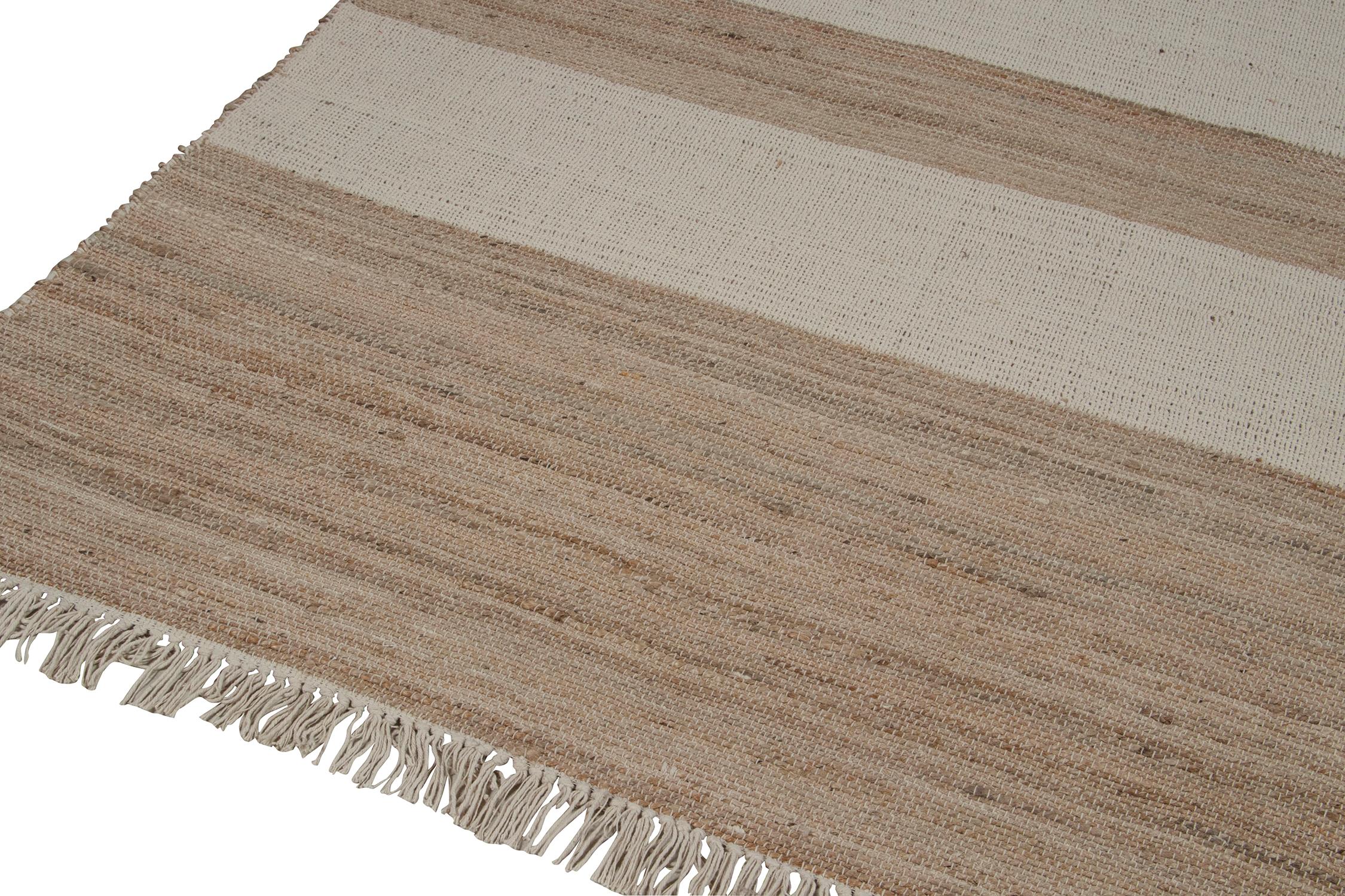 Rug & Kilim’s Contemporary Jute Kilim in White and Beige-Brown Stripes In New Condition For Sale In Long Island City, NY