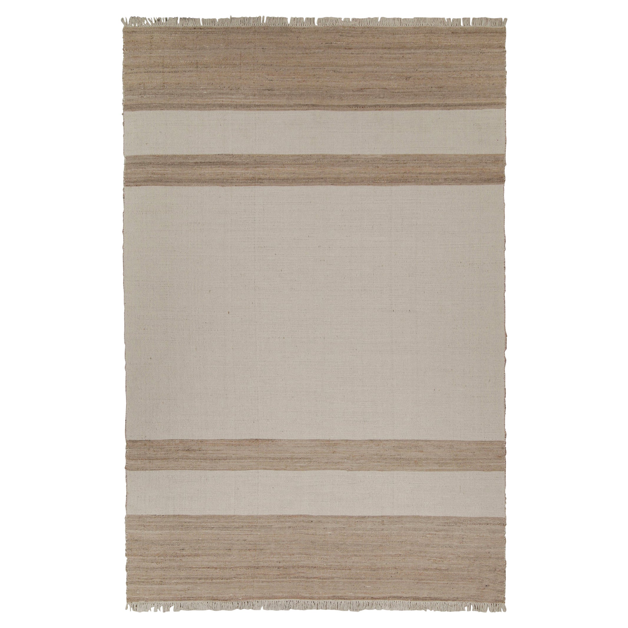 Rug & Kilim’s Contemporary Jute Kilim in White and Beige-Brown Stripes For Sale