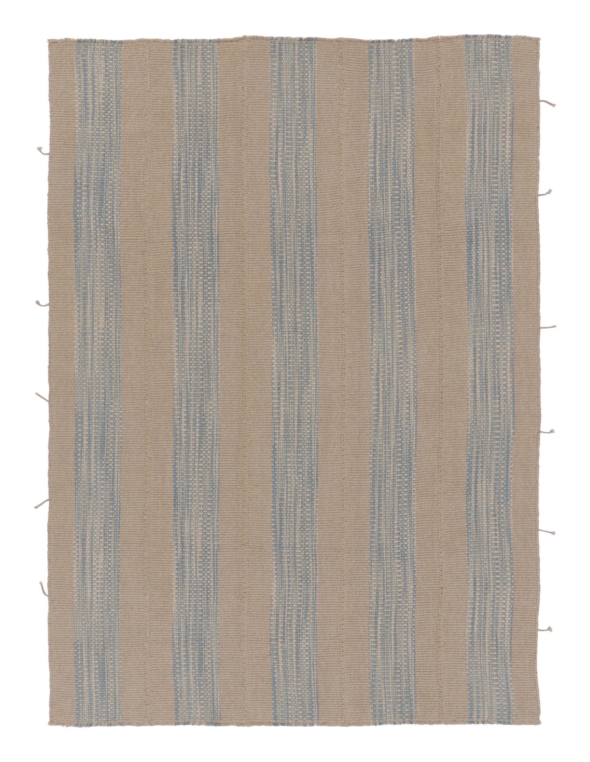 Rug & Kilim’s Contemporary Kilim, Beige and Blue Textural Stripes