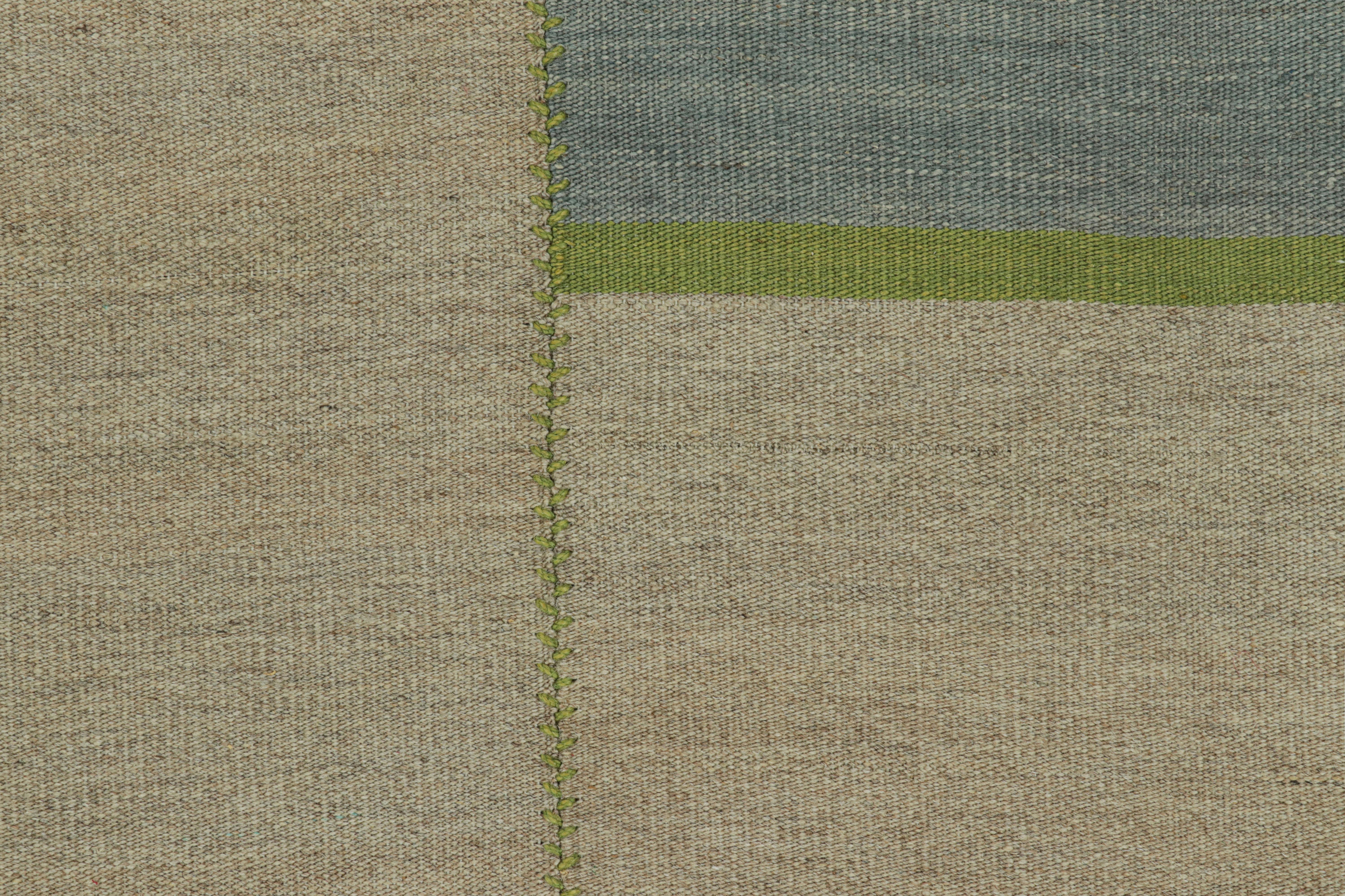 Afghan Rug & Kilim’s Contemporary Kilim, Beige and Green Textural Stripes, Blue Accents For Sale