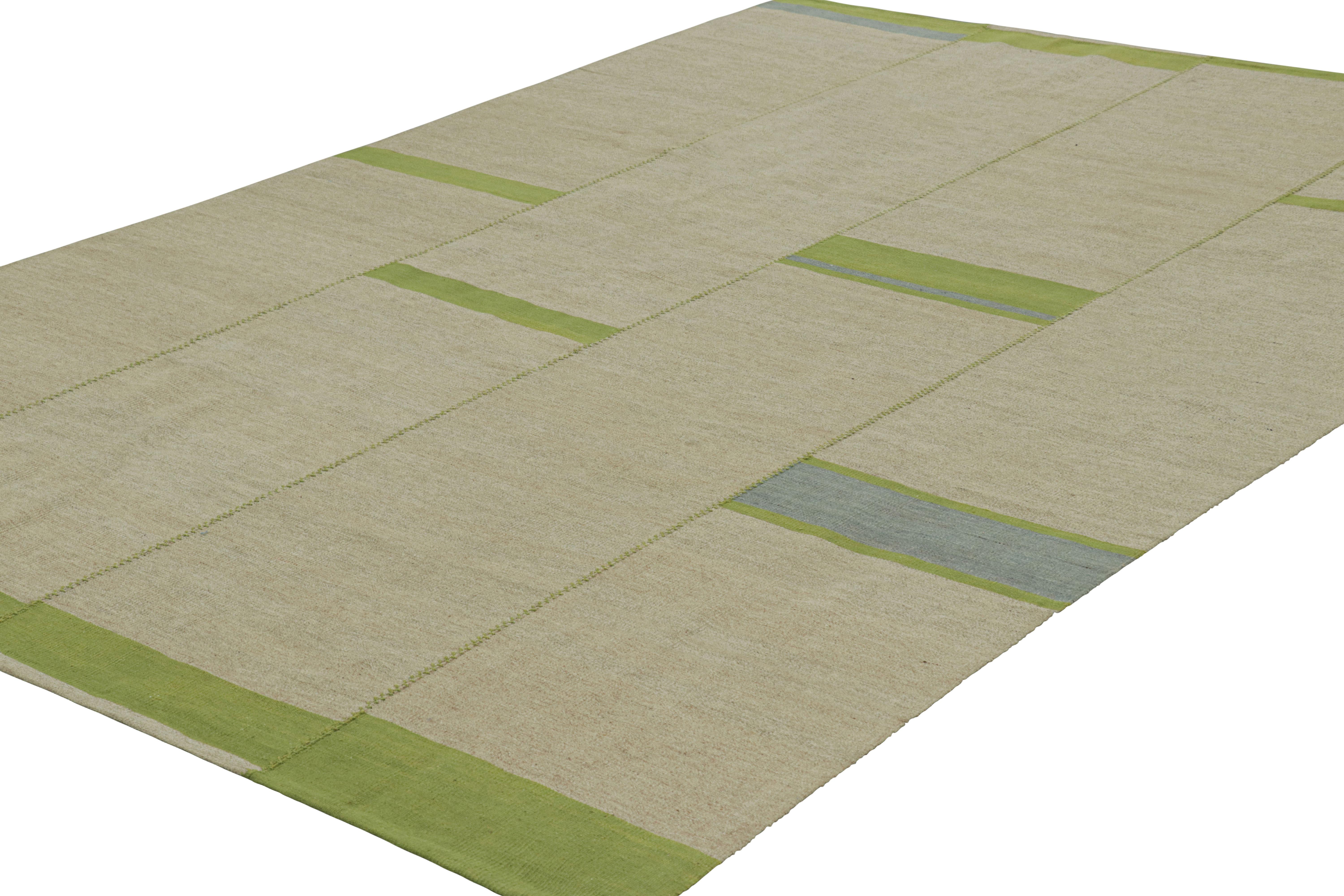 Hand-Woven Rug & Kilim’s Contemporary Kilim, Beige and Green Textural Stripes, Blue Accents For Sale
