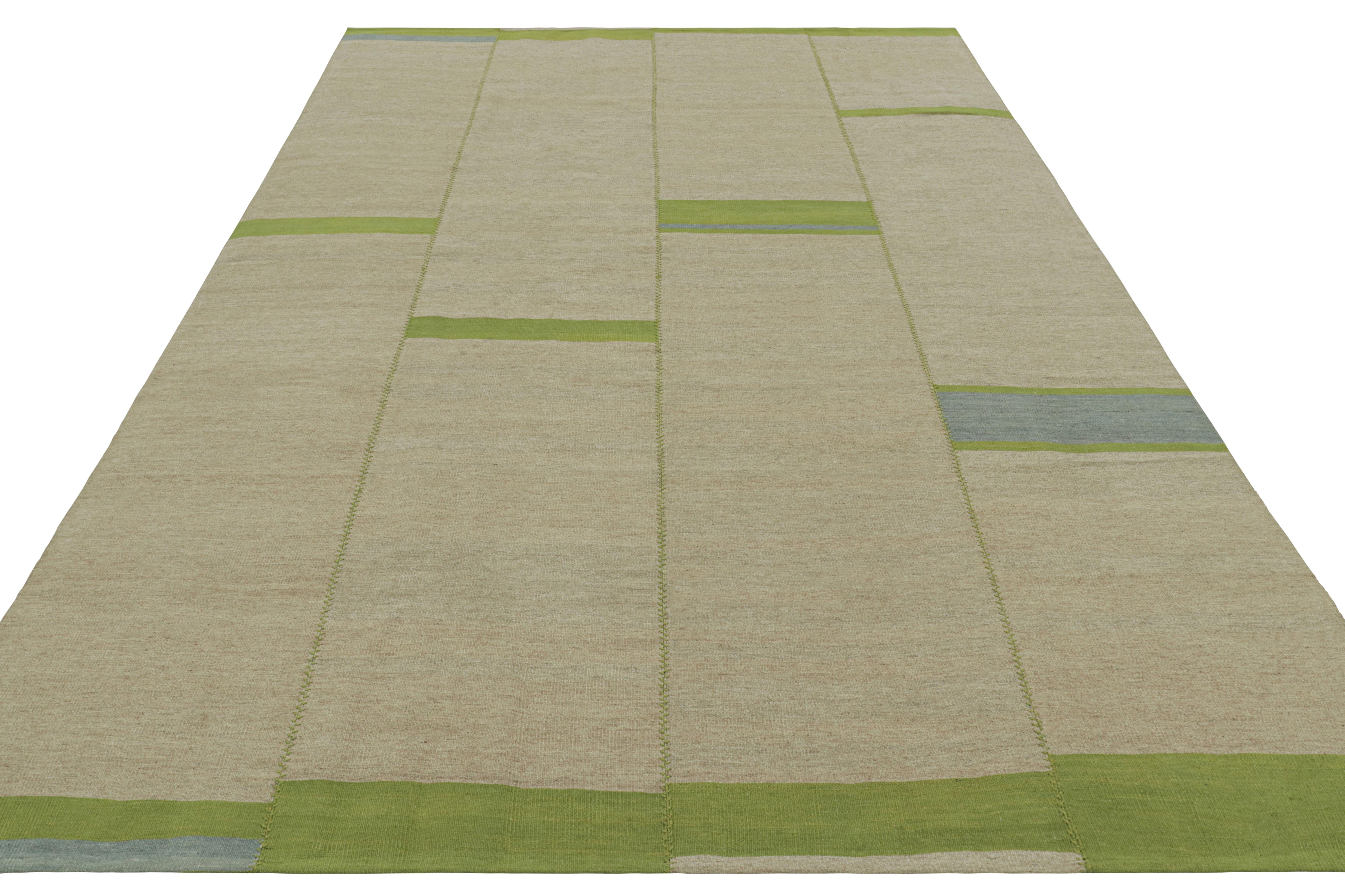 Rug & Kilim’s Contemporary Kilim, Beige and Green Textural Stripes, Blue Accents In New Condition For Sale In Long Island City, NY