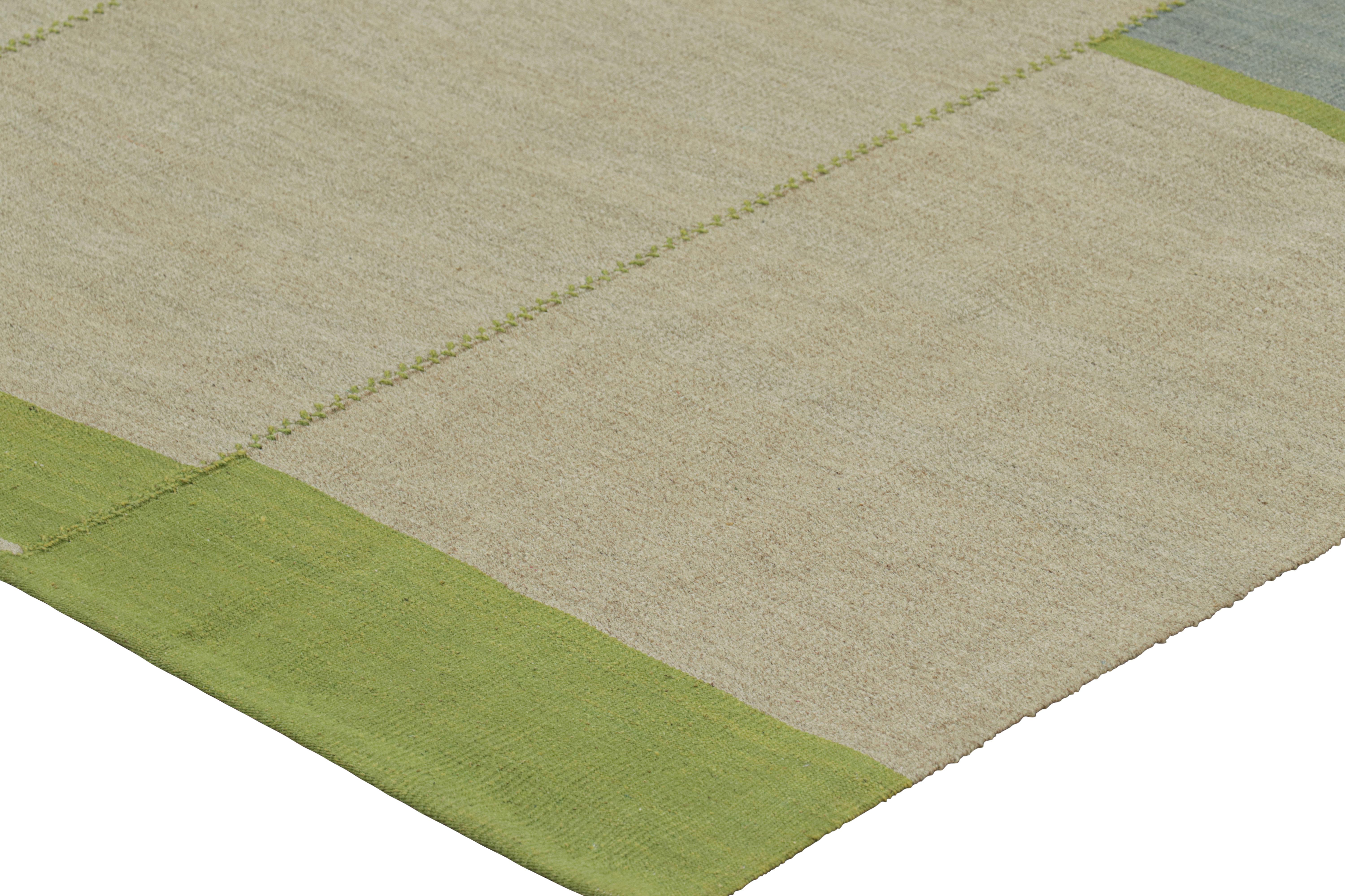 Wool Rug & Kilim’s Contemporary Kilim, Beige and Green Textural Stripes, Blue Accents For Sale