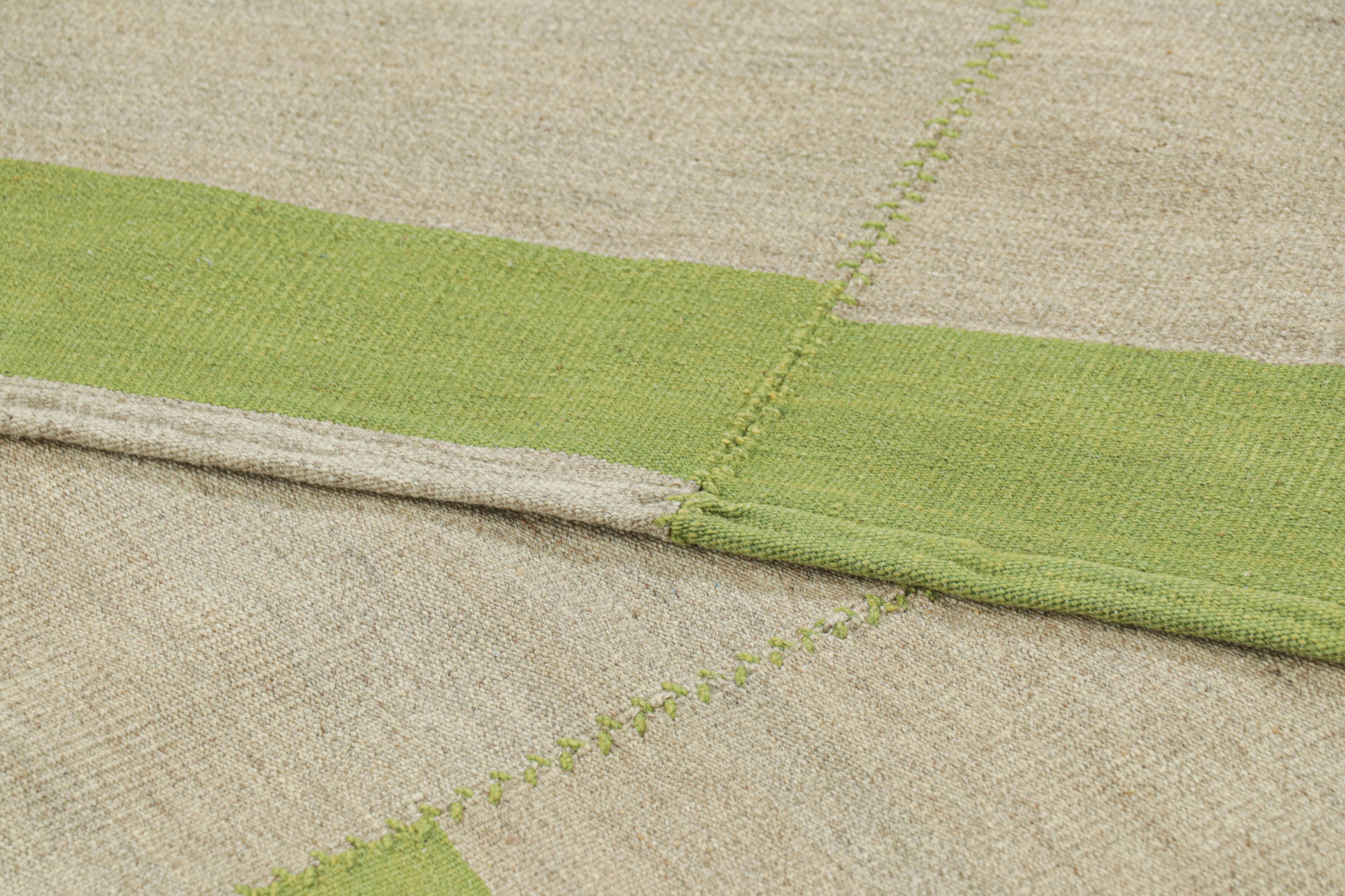 Rug & Kilim’s Contemporary Kilim, Beige and Green Textural Stripes, Blue Accents For Sale 1