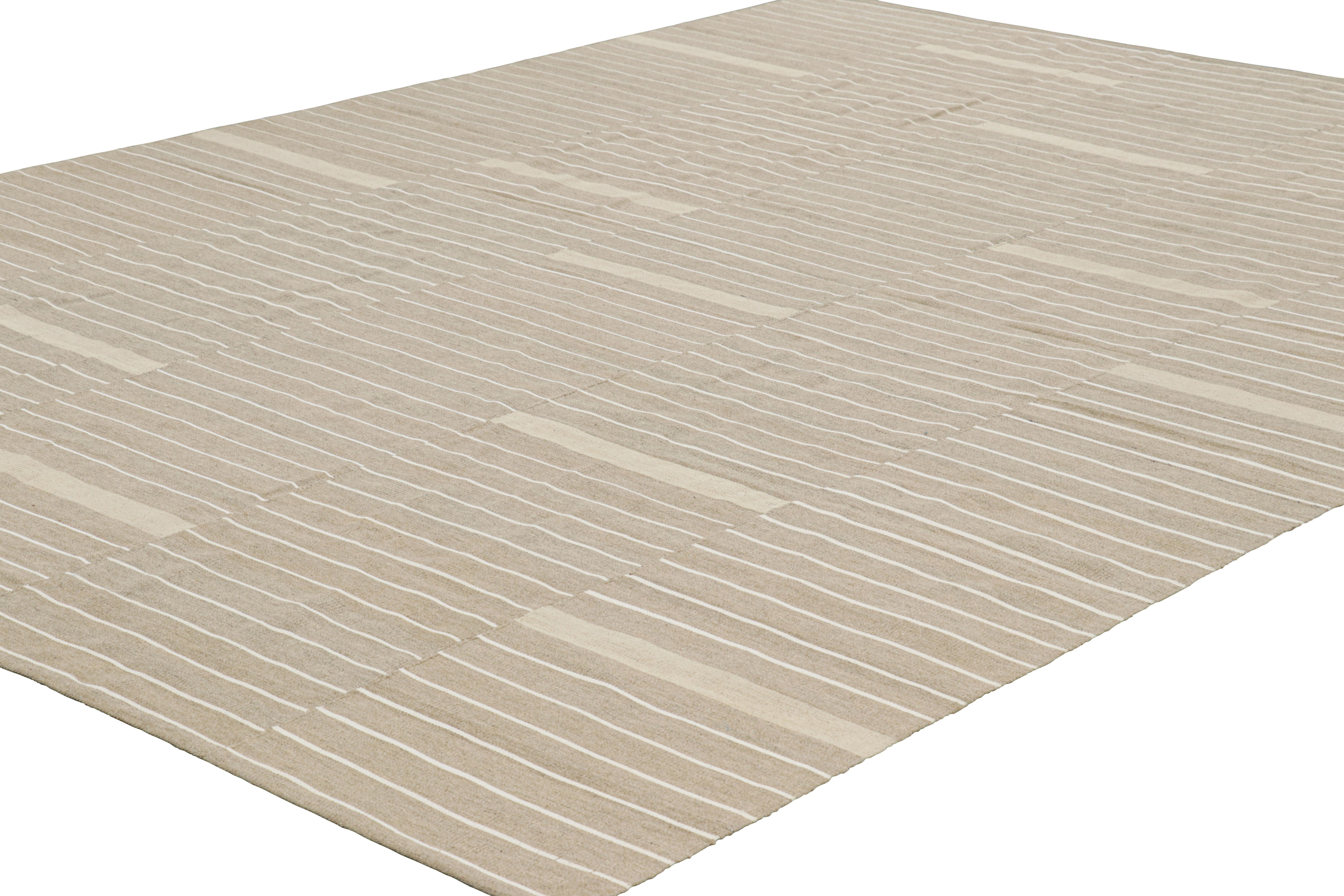 Hand-Woven Rug & Kilim’s Contemporary Kilim, Beige and Taupe with Textural White Stripes For Sale