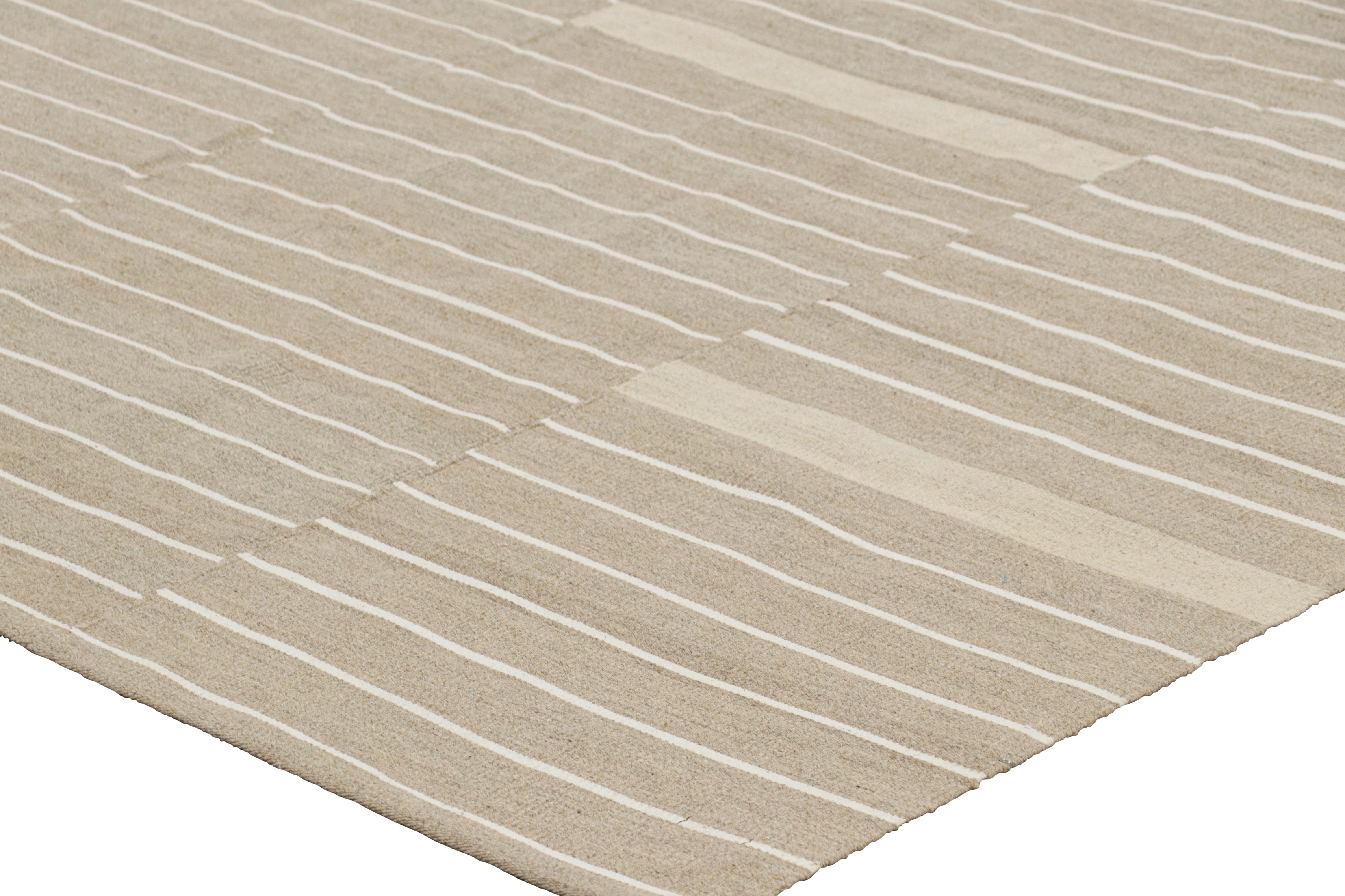 Wool Rug & Kilim’s Contemporary Kilim, Beige and Taupe with Textural White Stripes For Sale