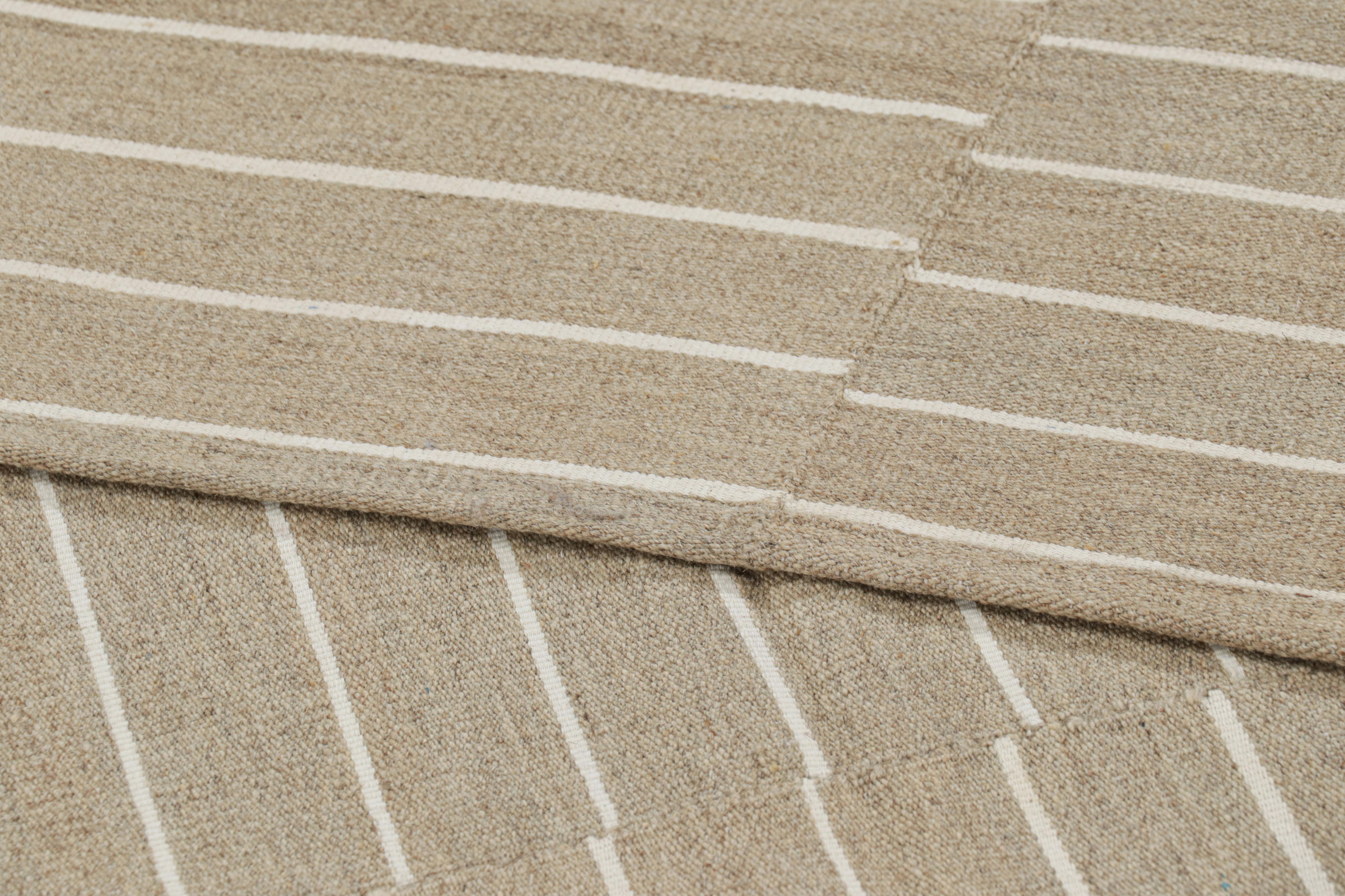 Rug & Kilim’s Contemporary Kilim, Beige and Taupe with Textural White Stripes For Sale 1