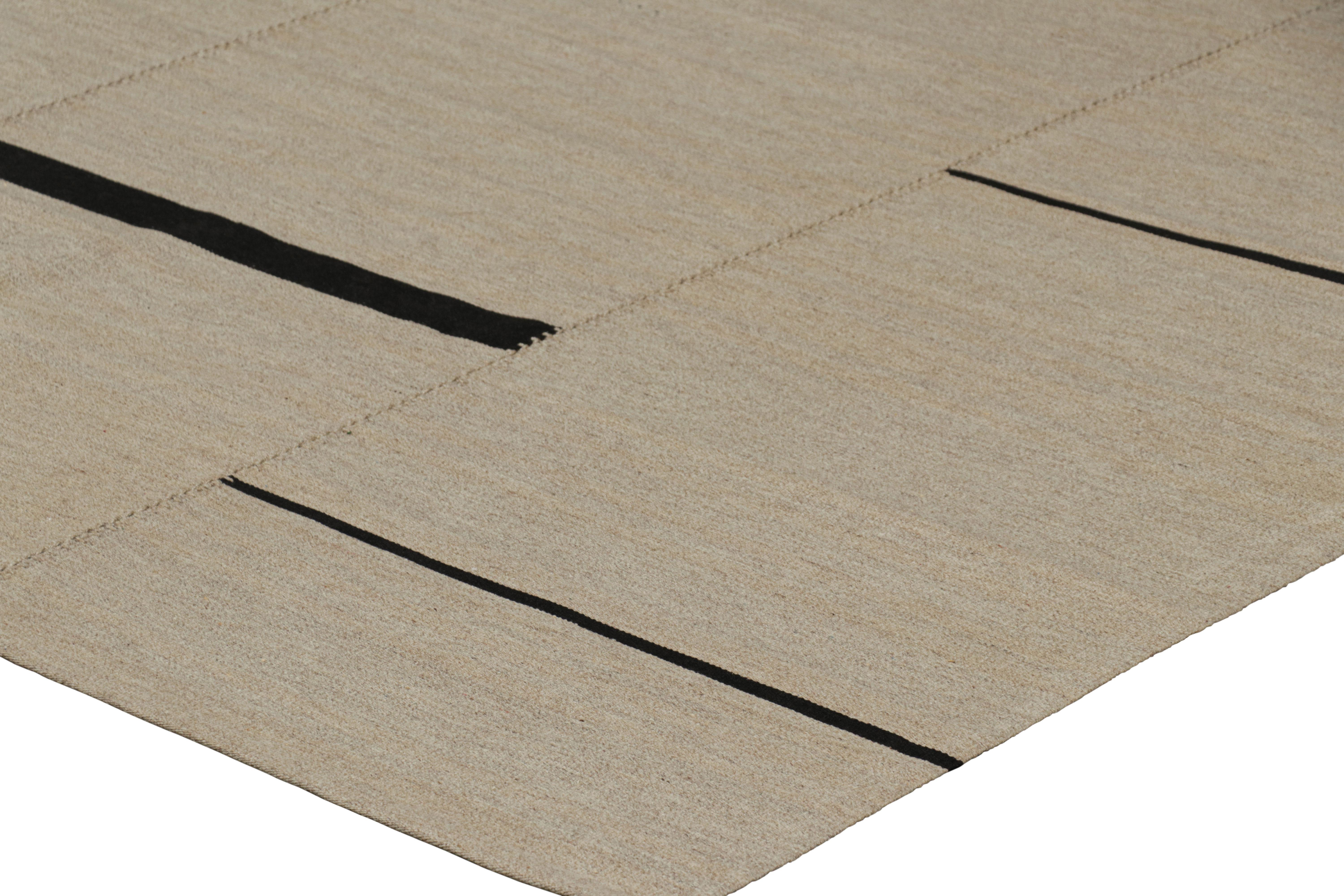 Wool Rug & Kilim’s Contemporary Kilim, Beige with Black Stripes, Off-White Accents For Sale