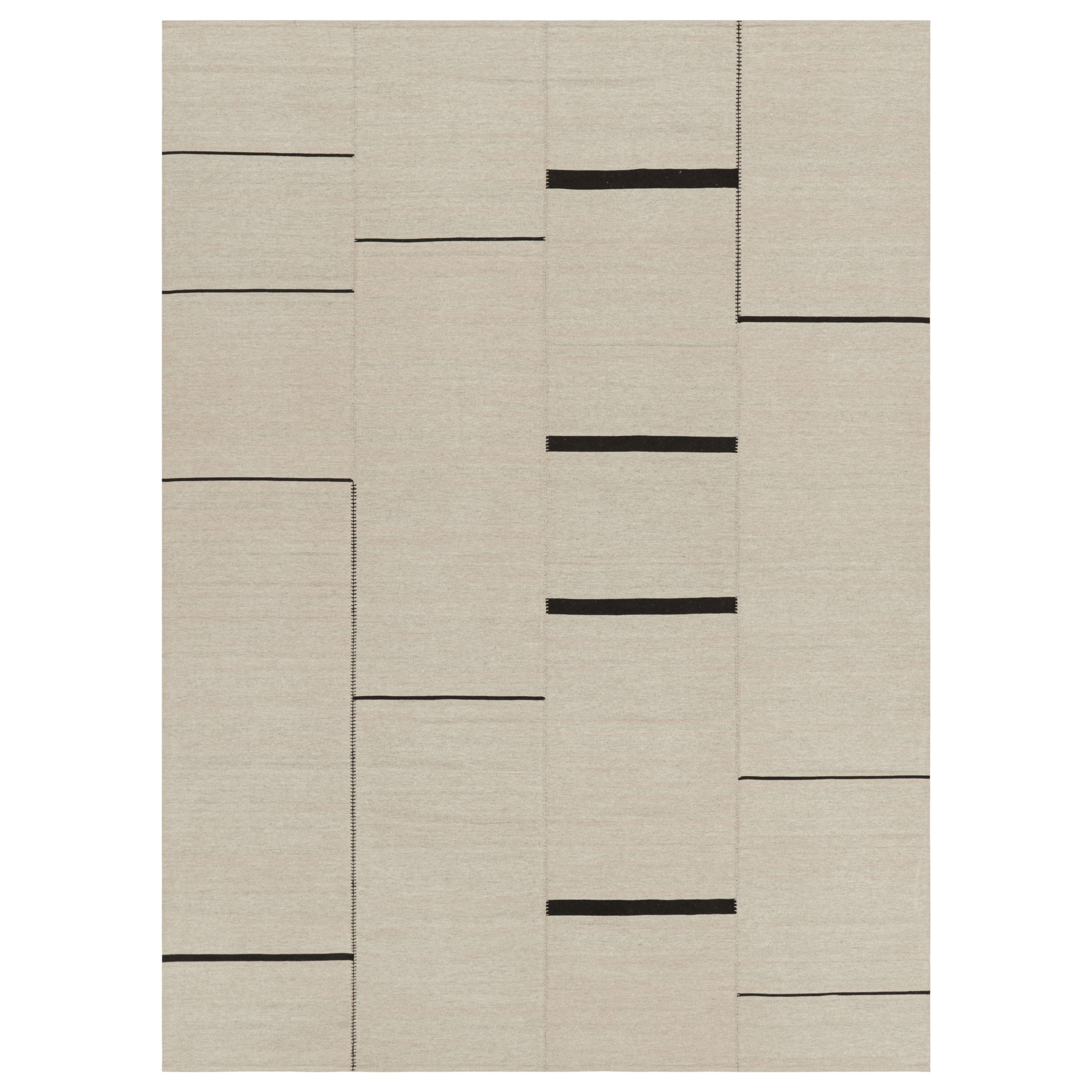 Rug & Kilim's Contemporary Kilim, Beige con strisce nere, accenti bianchi e neri
