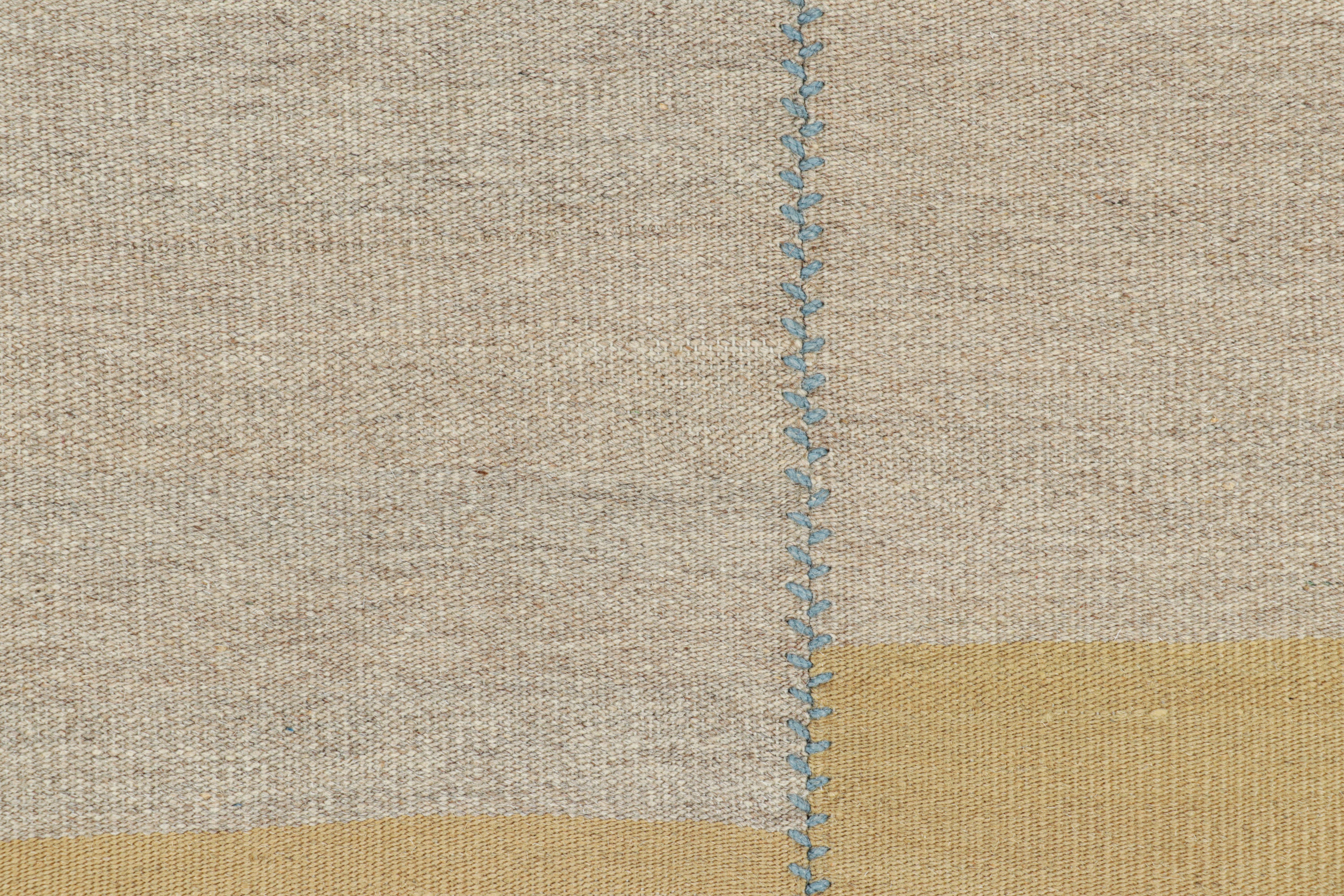 Afghan Rug & Kilim’s Contemporary Kilim, Beige with Blue Textural Stripes, Gold Accents For Sale