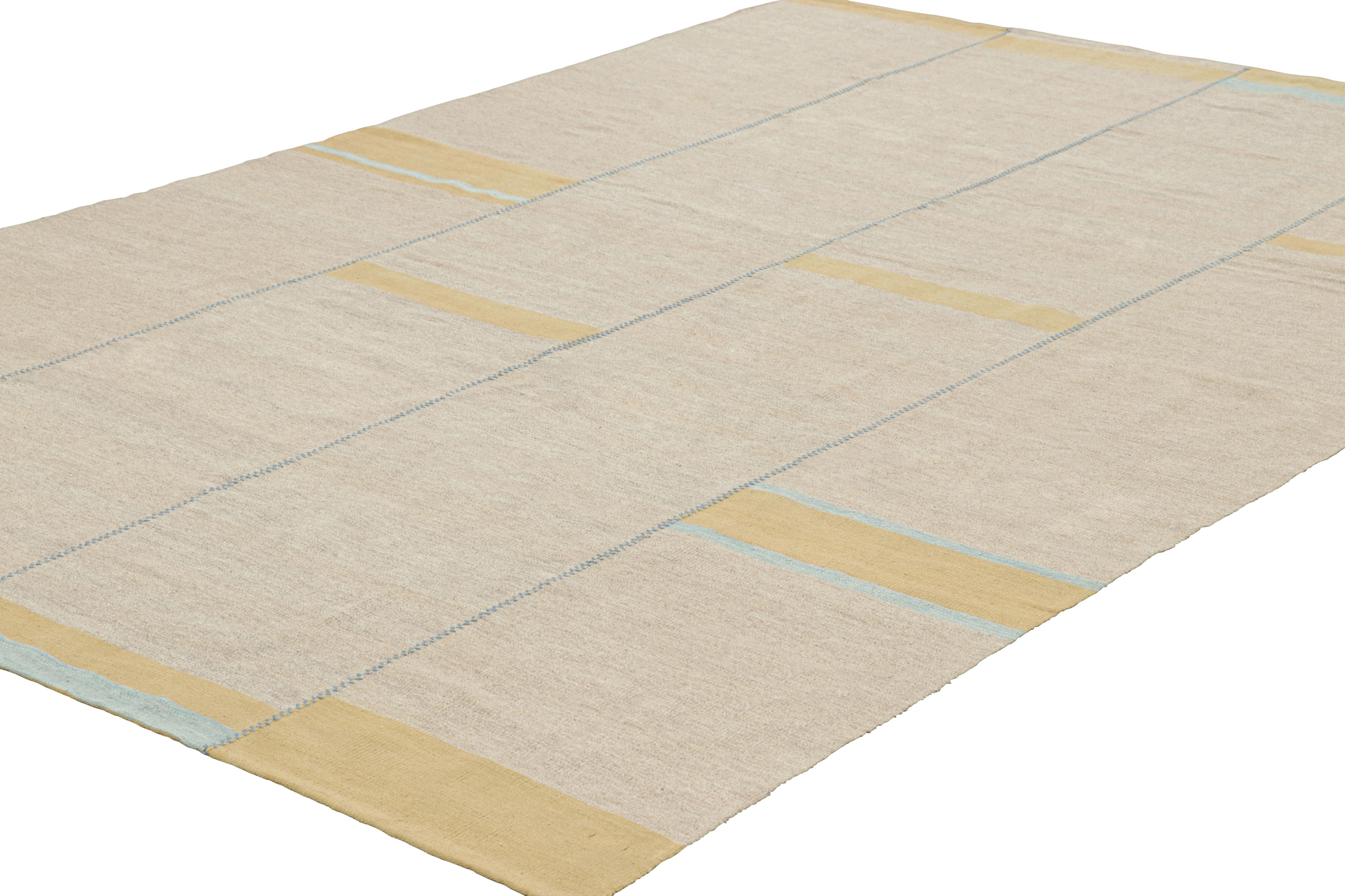 Hand-Woven Rug & Kilim’s Contemporary Kilim, Beige with Blue Textural Stripes, Gold Accents For Sale