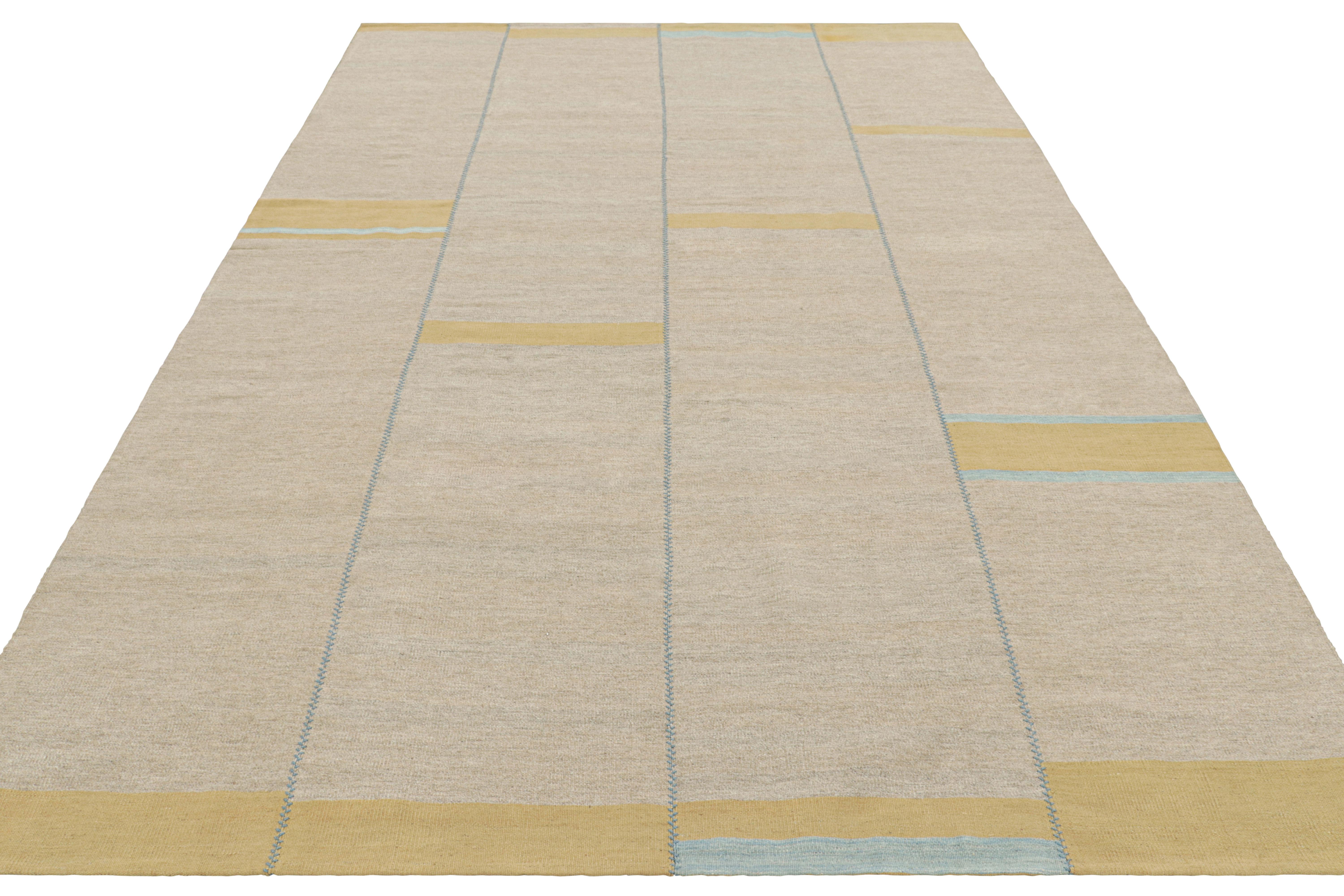 Rug & Kilim’s Contemporary Kilim, Beige with Blue Textural Stripes, Gold Accents In New Condition For Sale In Long Island City, NY