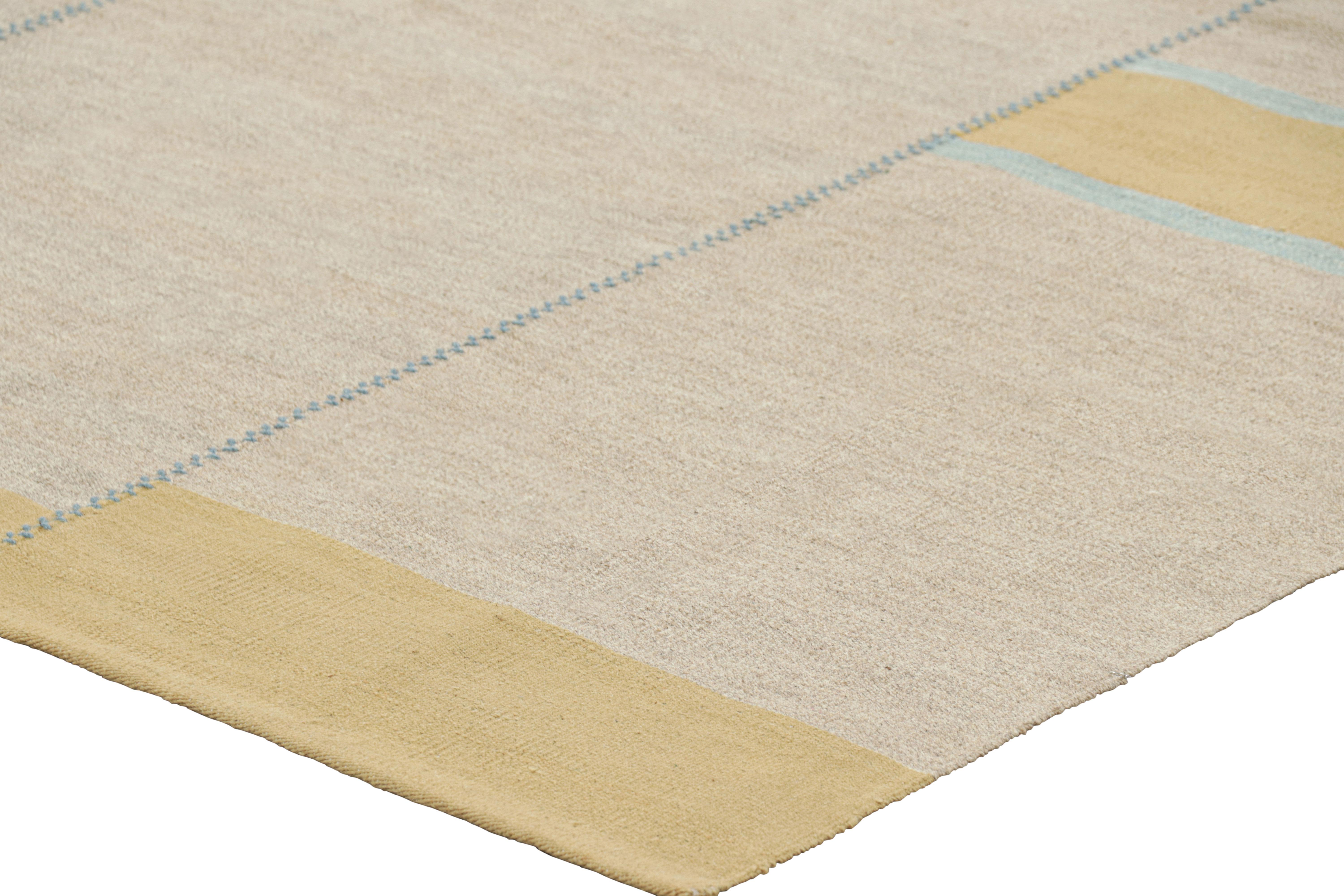 Wool Rug & Kilim’s Contemporary Kilim, Beige with Blue Textural Stripes, Gold Accents For Sale