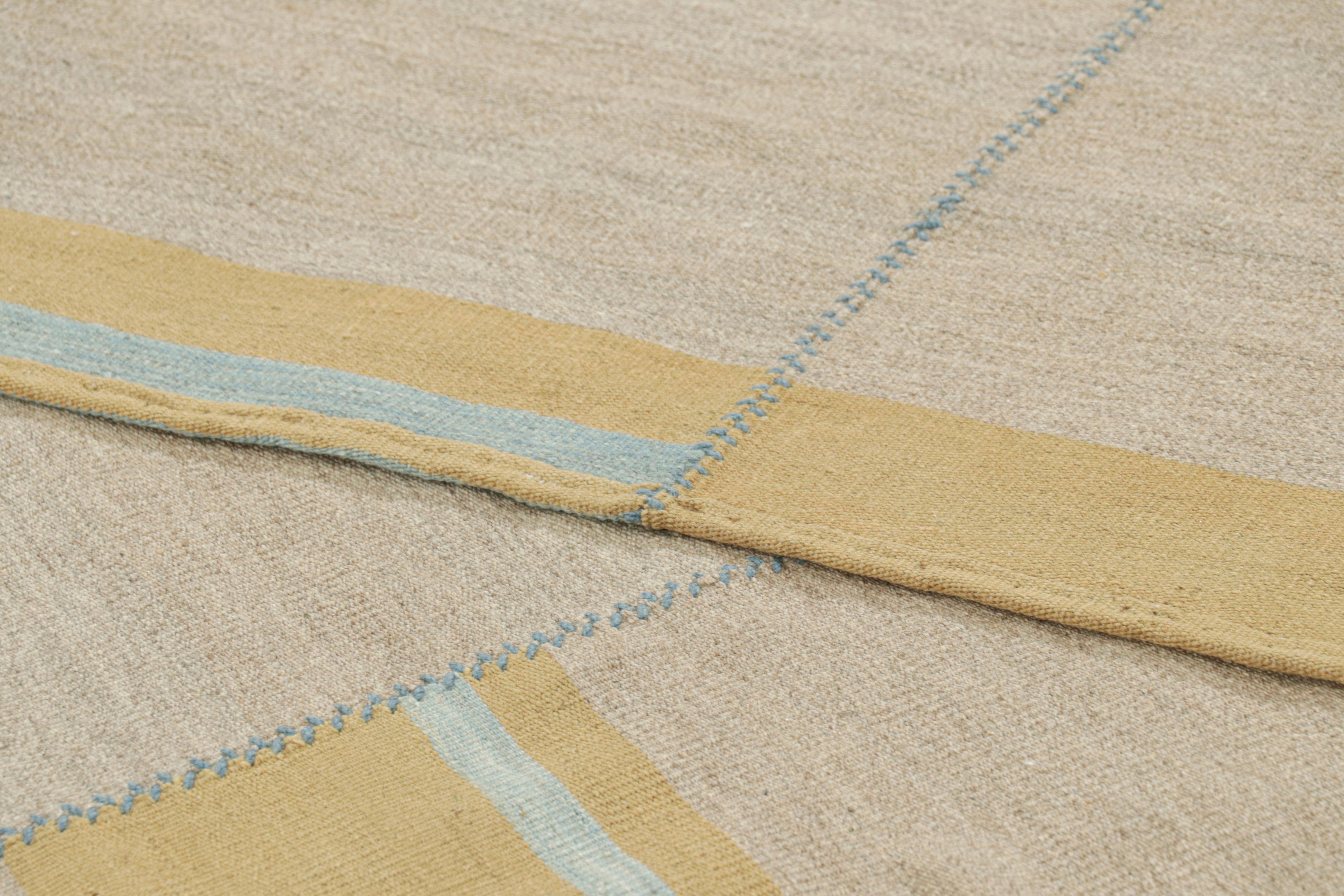 Rug & Kilim’s Contemporary Kilim, Beige with Blue Textural Stripes, Gold Accents For Sale 1