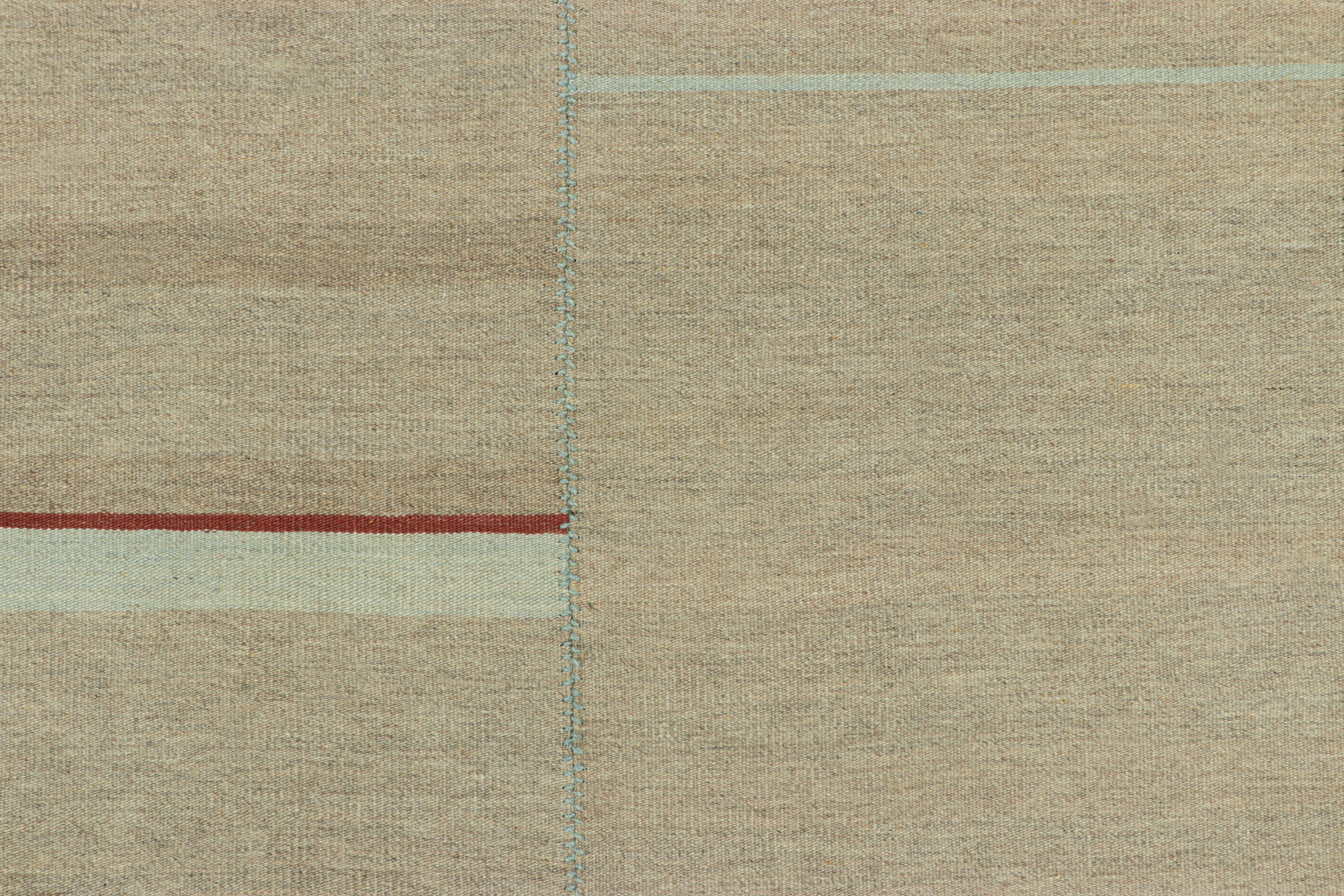 Afghan Rug & Kilim’s Contemporary Kilim, Beige with Red and Light Blue Textural Stripes For Sale