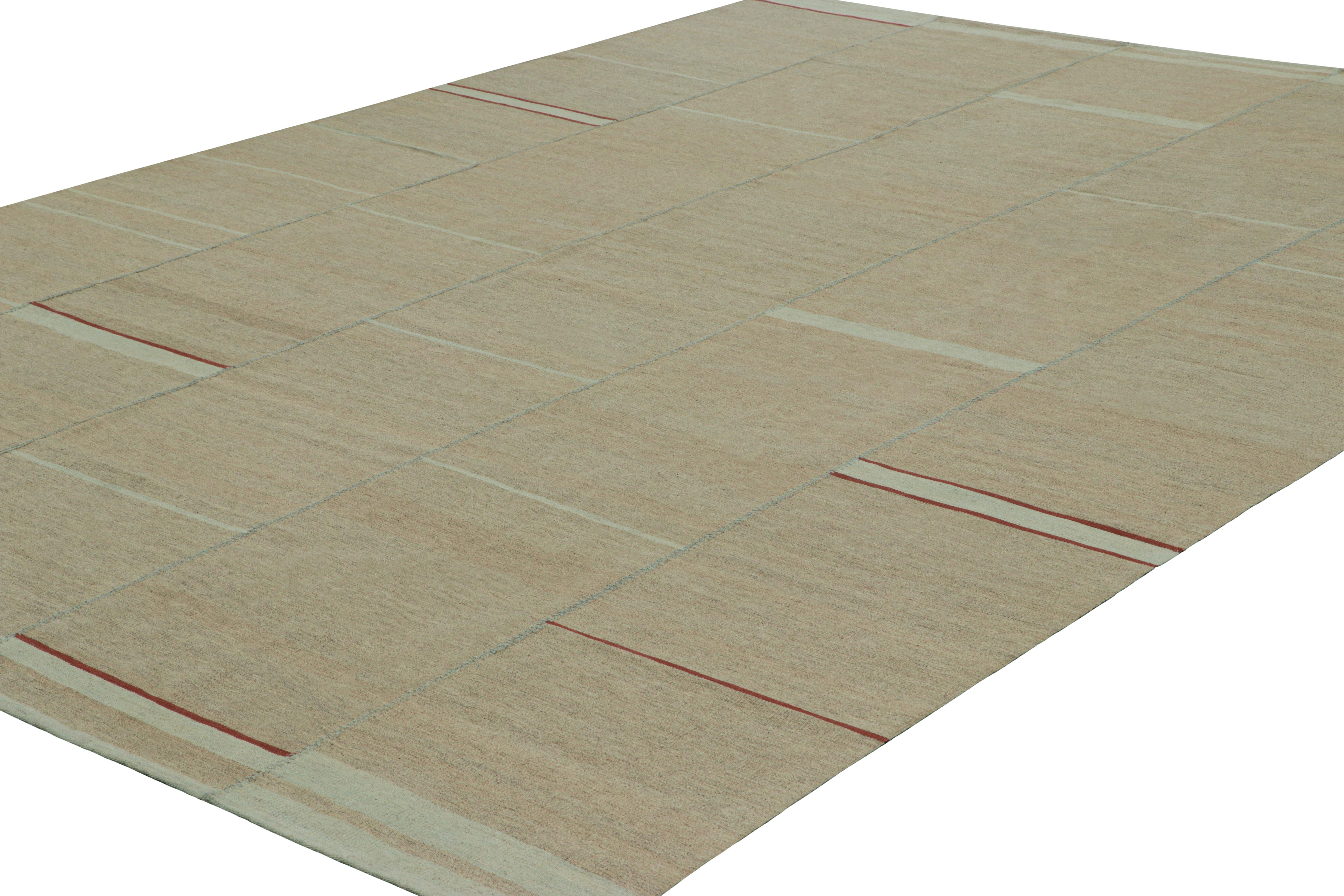 Hand-Woven Rug & Kilim’s Contemporary Kilim, Beige with Red and Light Blue Textural Stripes For Sale