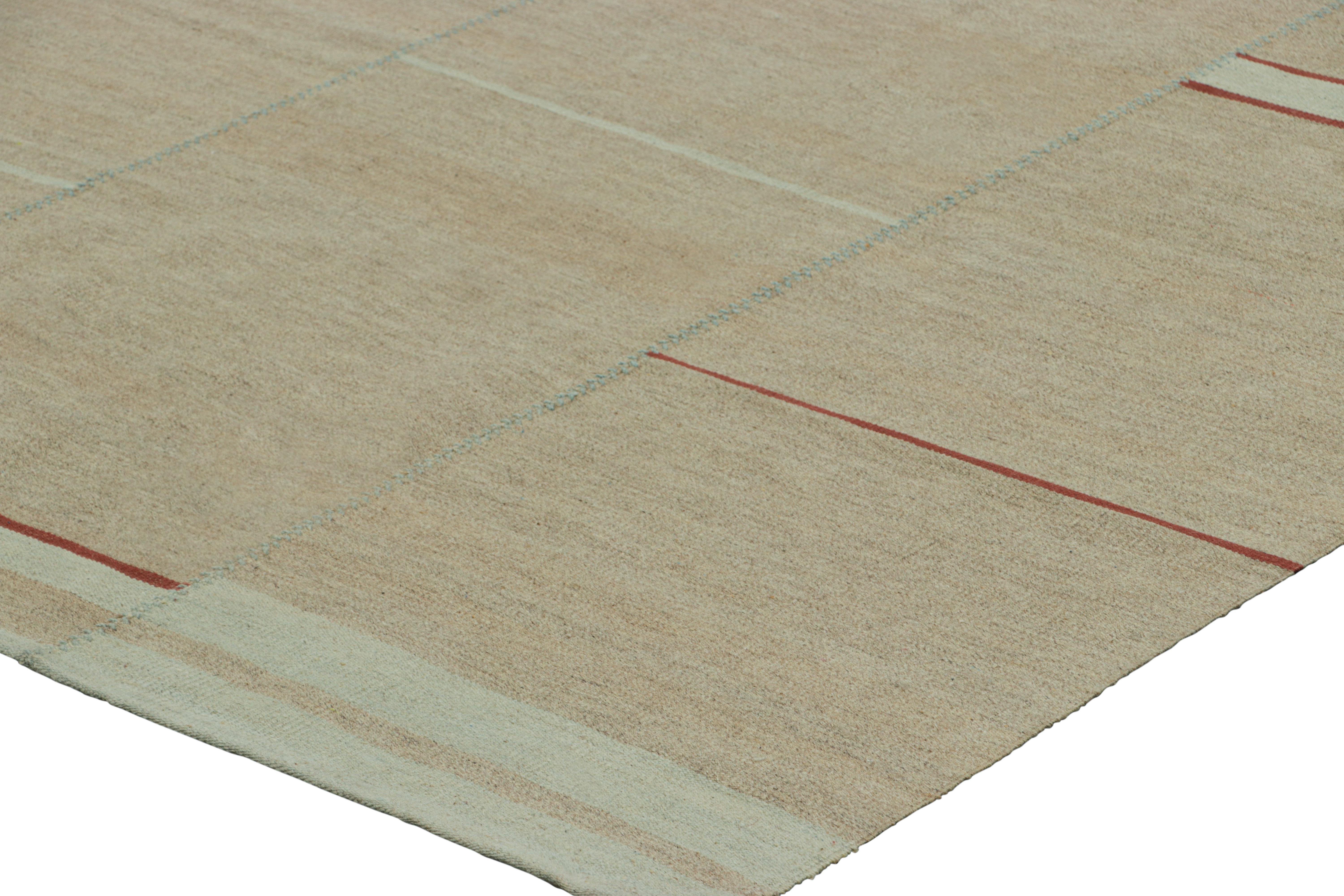 Wool Rug & Kilim’s Contemporary Kilim, Beige with Red and Light Blue Textural Stripes For Sale