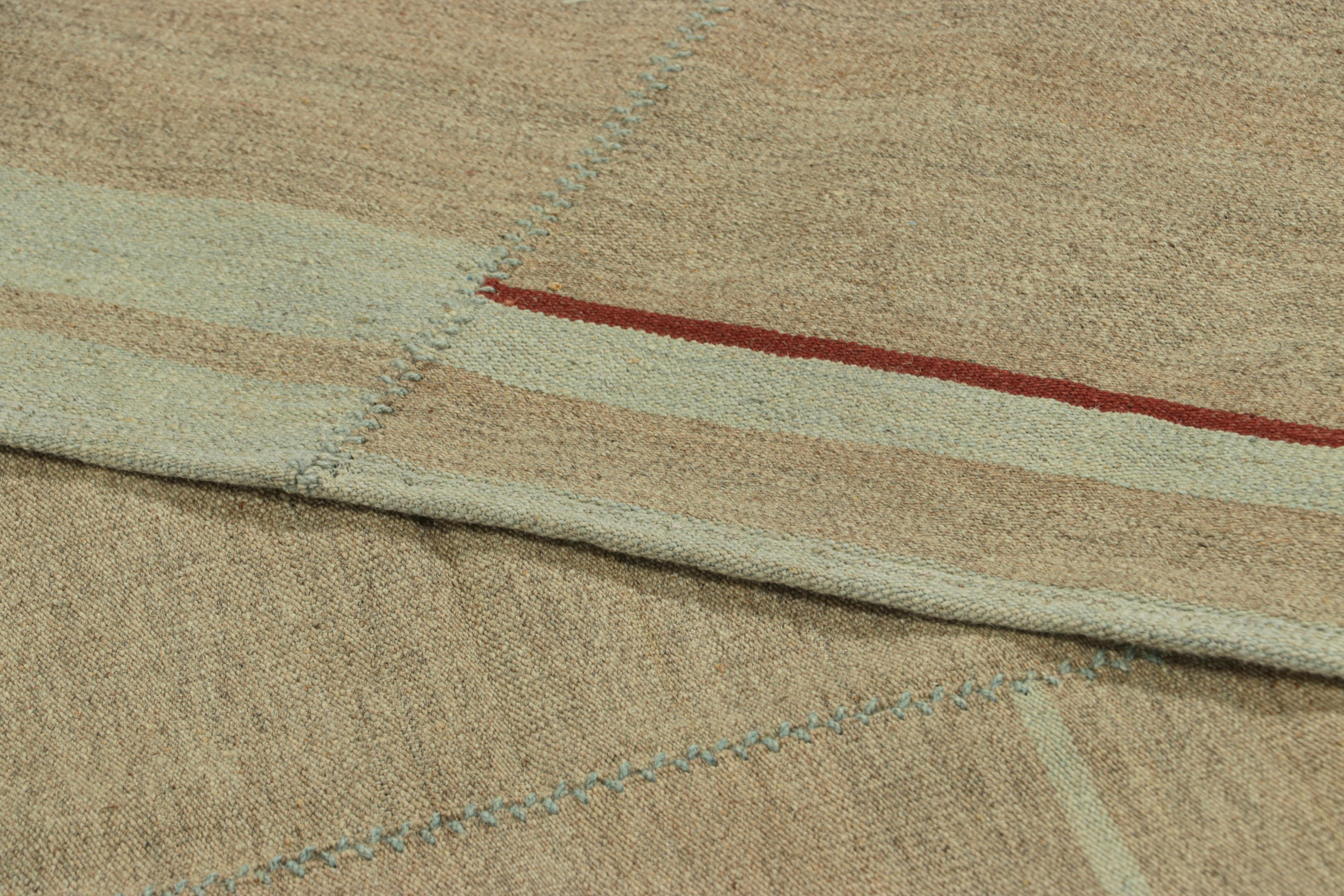 Rug & Kilim’s Contemporary Kilim, Beige with Red and Light Blue Textural Stripes For Sale 1
