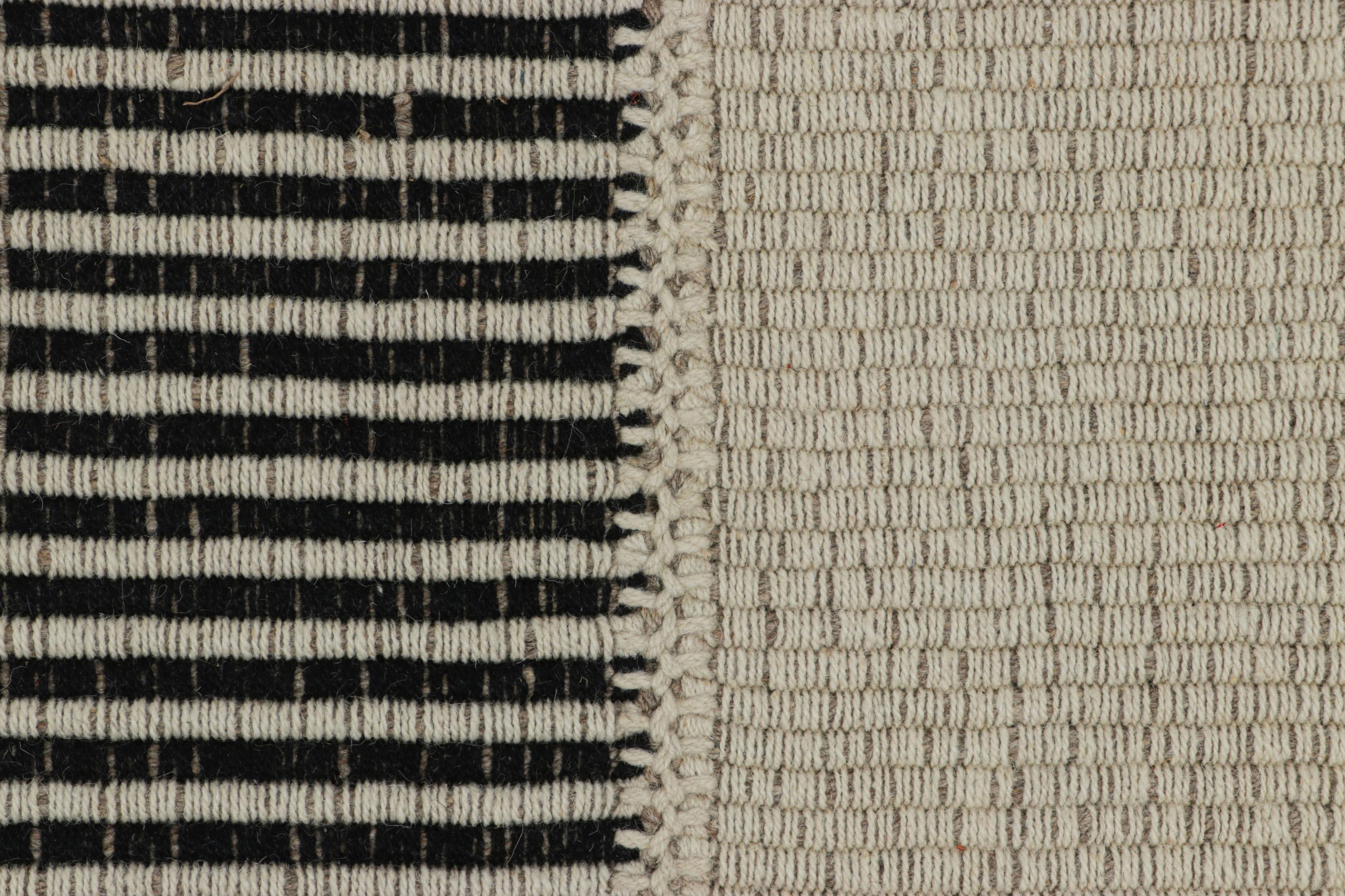 Indian Rug & Kilim’s Contemporary Kilim, Black and Cream White with Textural Stripes