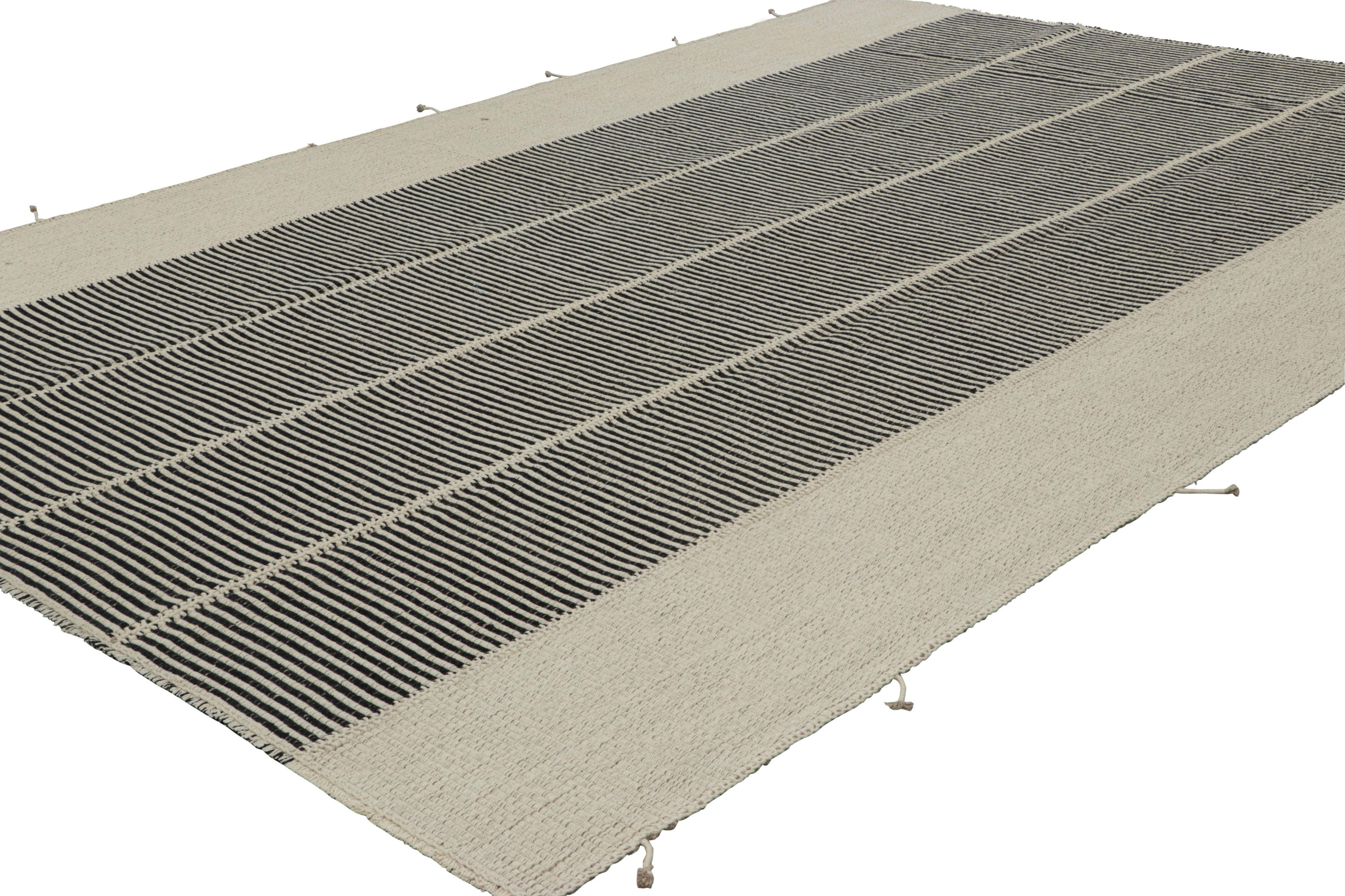 Hand-Woven Rug & Kilim’s Contemporary Kilim, Black and Cream White with Textural Stripes