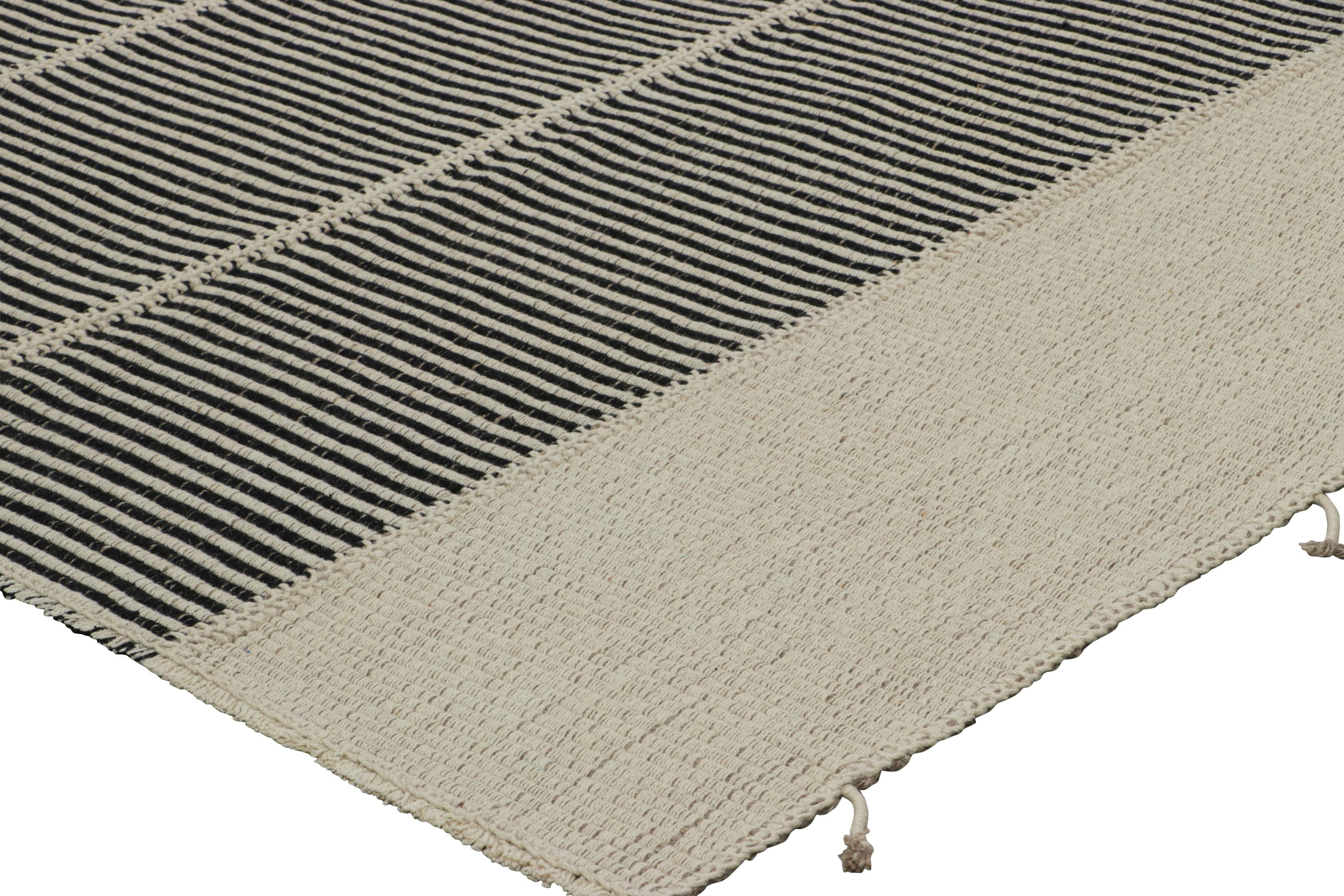 Wool Rug & Kilim’s Contemporary Kilim, Black and Cream White with Textural Stripes