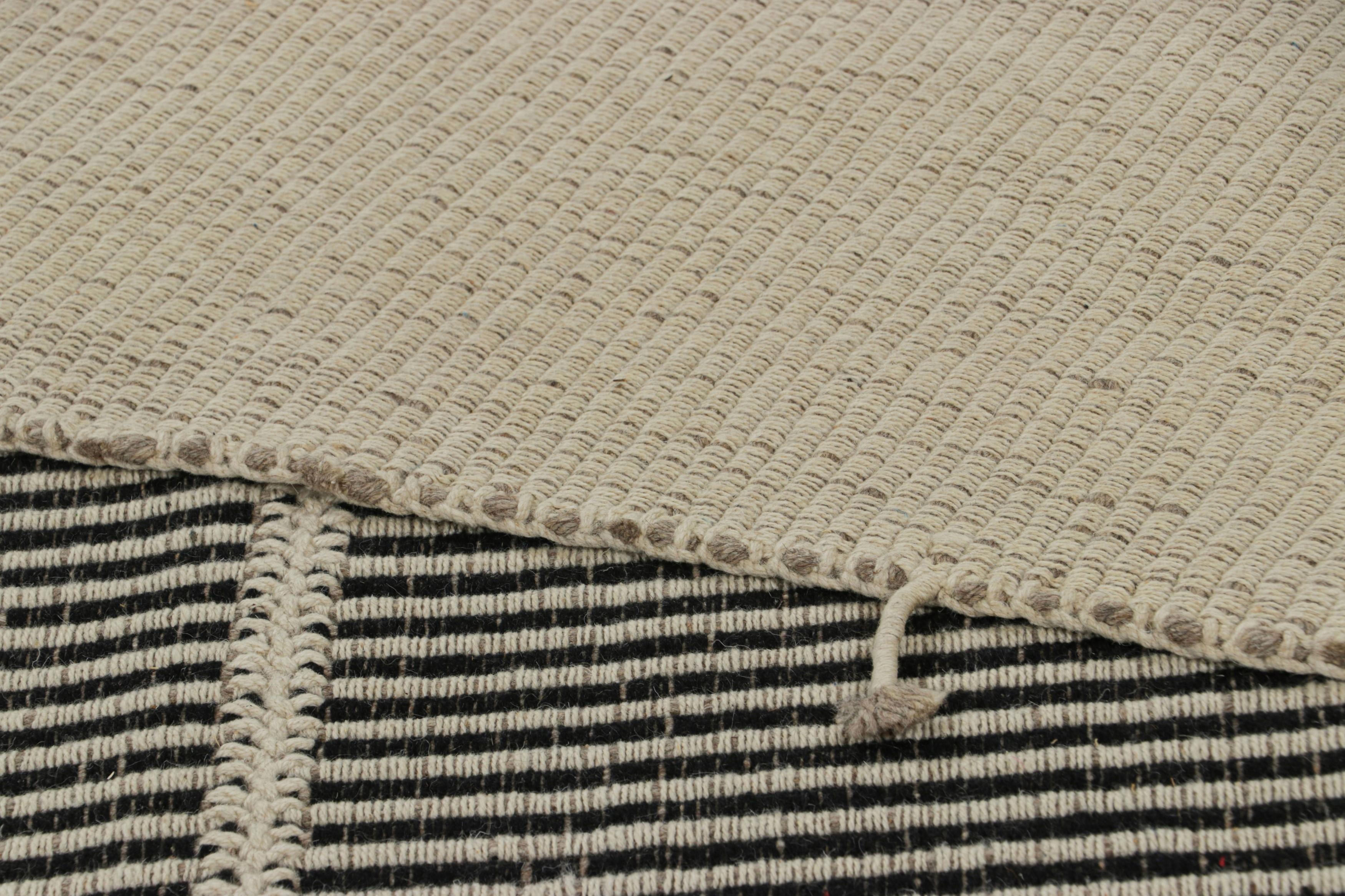Rug & Kilim’s Contemporary Kilim, Black and Cream White with Textural Stripes 1