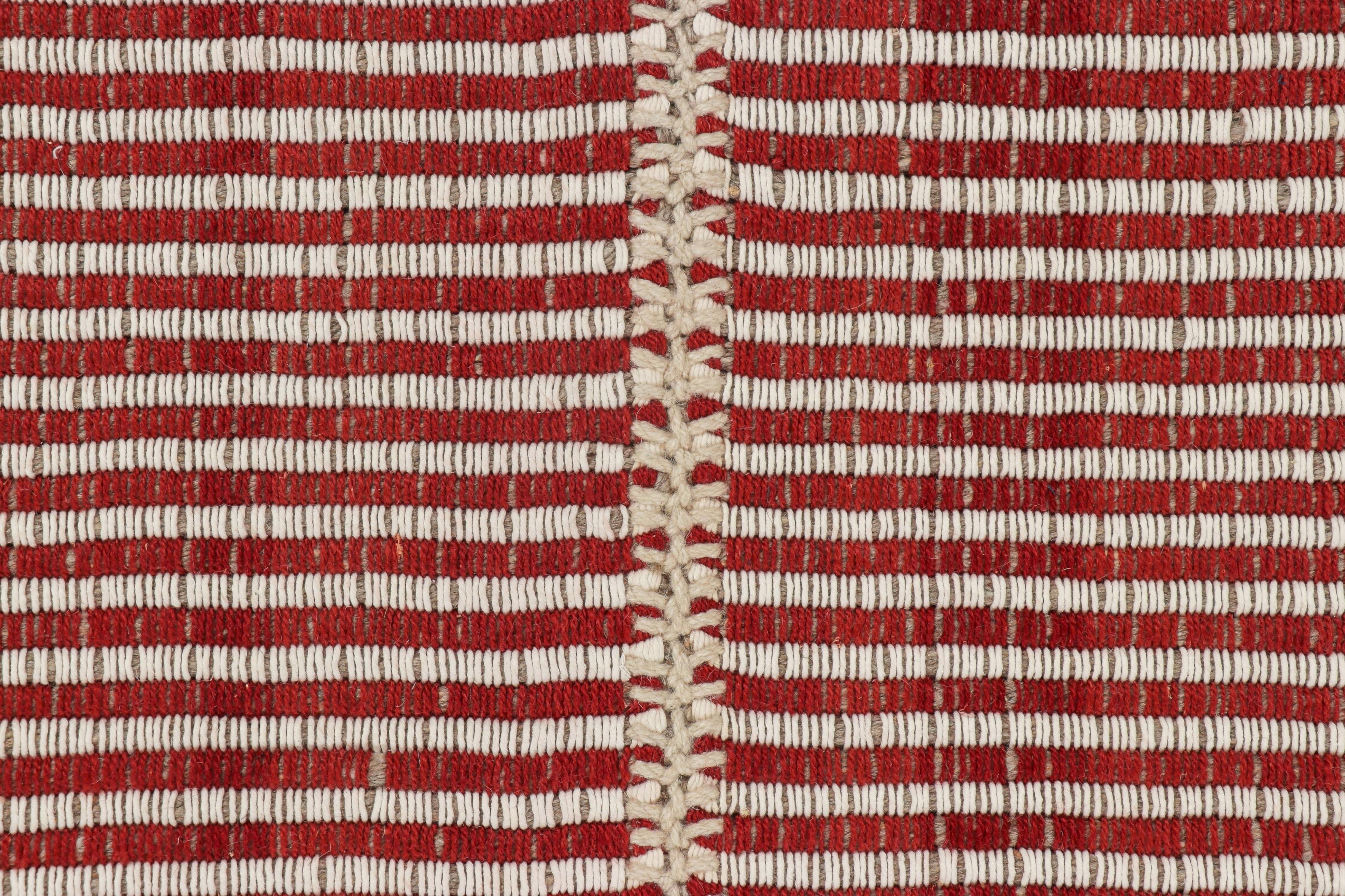 Afghan Rug & Kilim’s Contemporary Kilim, Burgundy Red and Cream White Textural Stripes For Sale