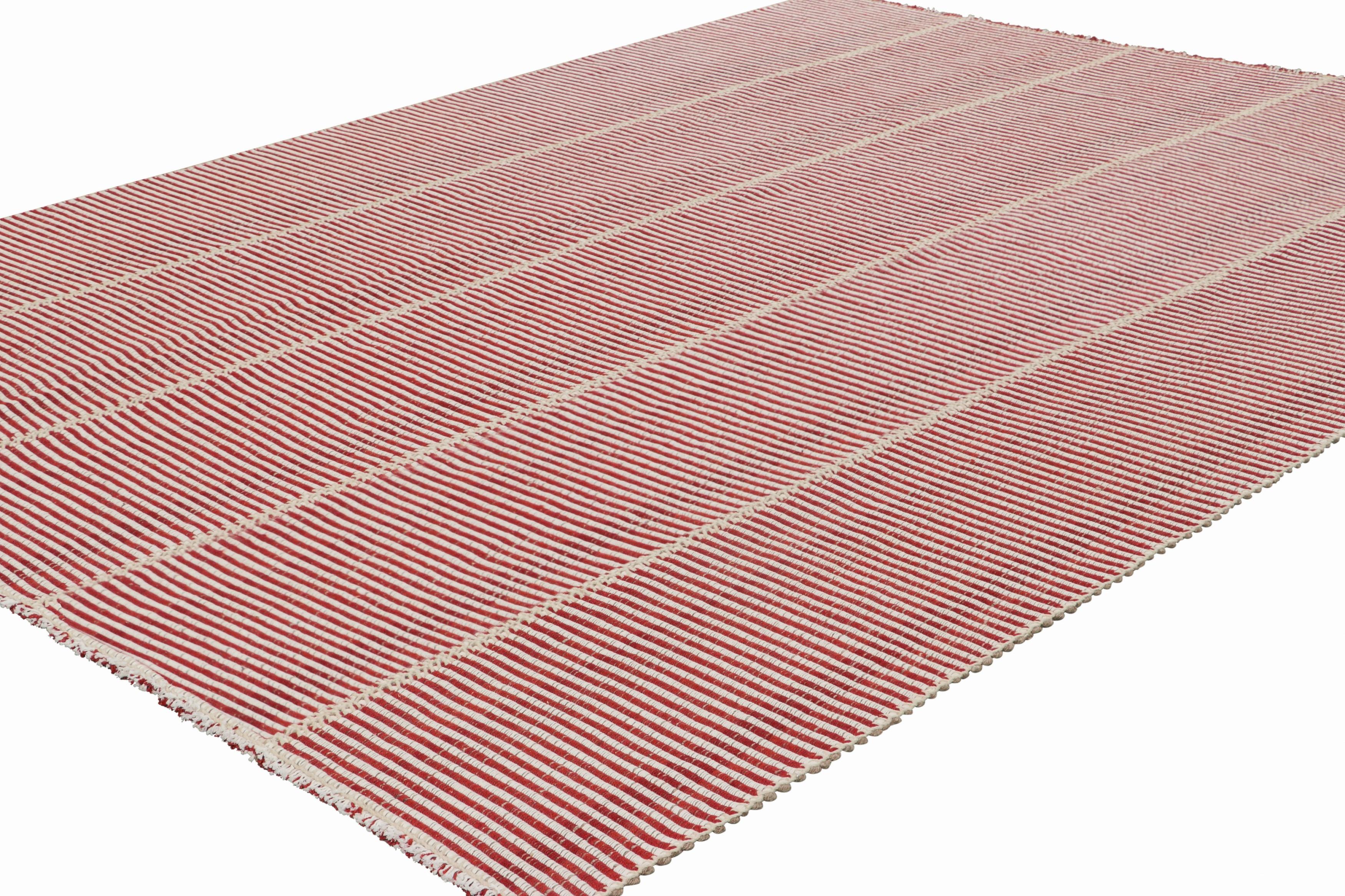 Hand-Woven Rug & Kilim’s Contemporary Kilim, Burgundy Red and Cream White Textural Stripes For Sale